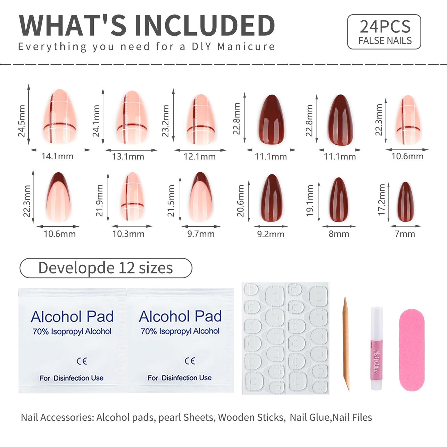 Mivota Almond Press On Nails Long Soft Gel Brown Plaid Fake Nails for Women, 24PCS Reusable Glossy Nude Brown False Nails with Glue, Trendy Checkered Design Stick On Nail Tips for DIY Salon Manicure