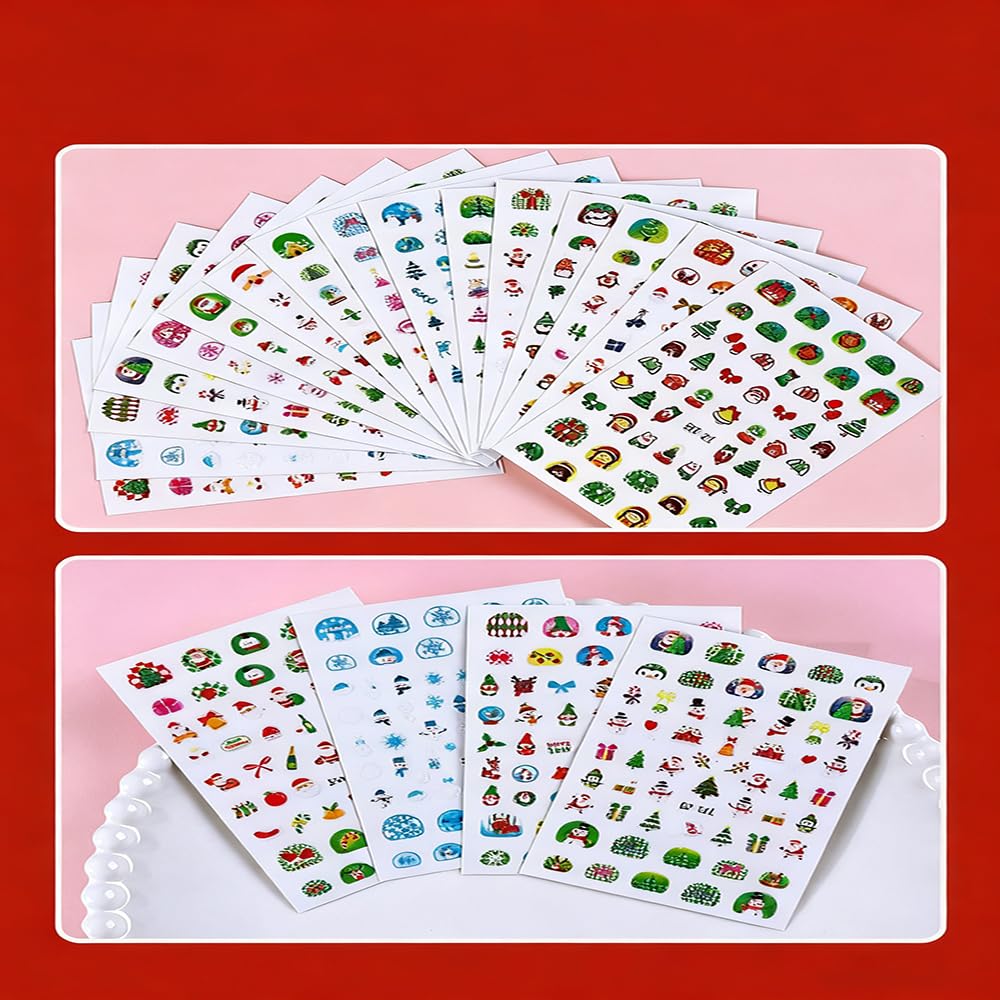 Christmas Nail Stickers Glow in The Dark Nail Art Stickers 3D Self Adhesive Cute Cartoon Christmas Tree Nail Art Supplies Snowman Snowflake Bow Nail Design Winter Xmas Nail Decals for Women 16 Sheets