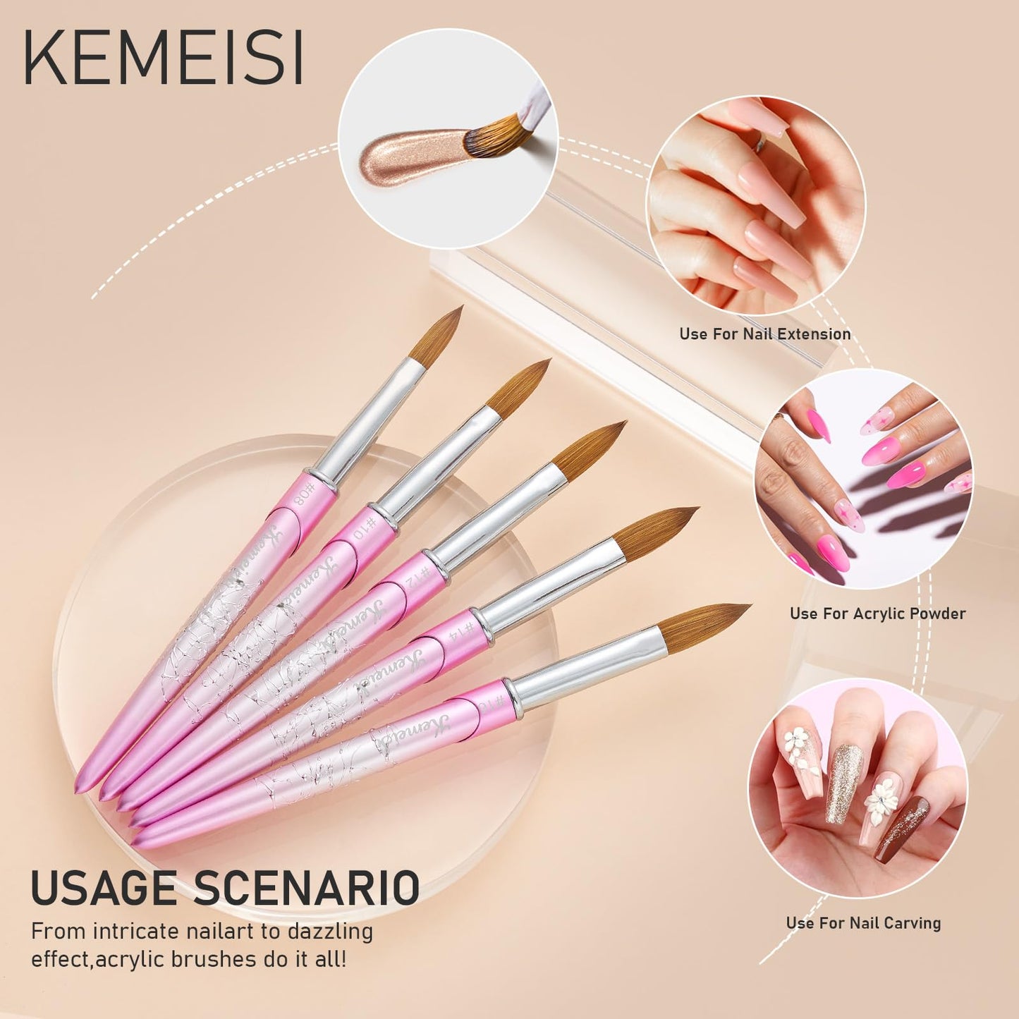 Acrylic Nail Brush Size 14, KEMEISI 100% Pure Kolinsky Nail Art Brushes Sturdy Handle Oval Shaped Acrylic Powder Nail Design Tools for Professional Manicure DIY Home Salon
