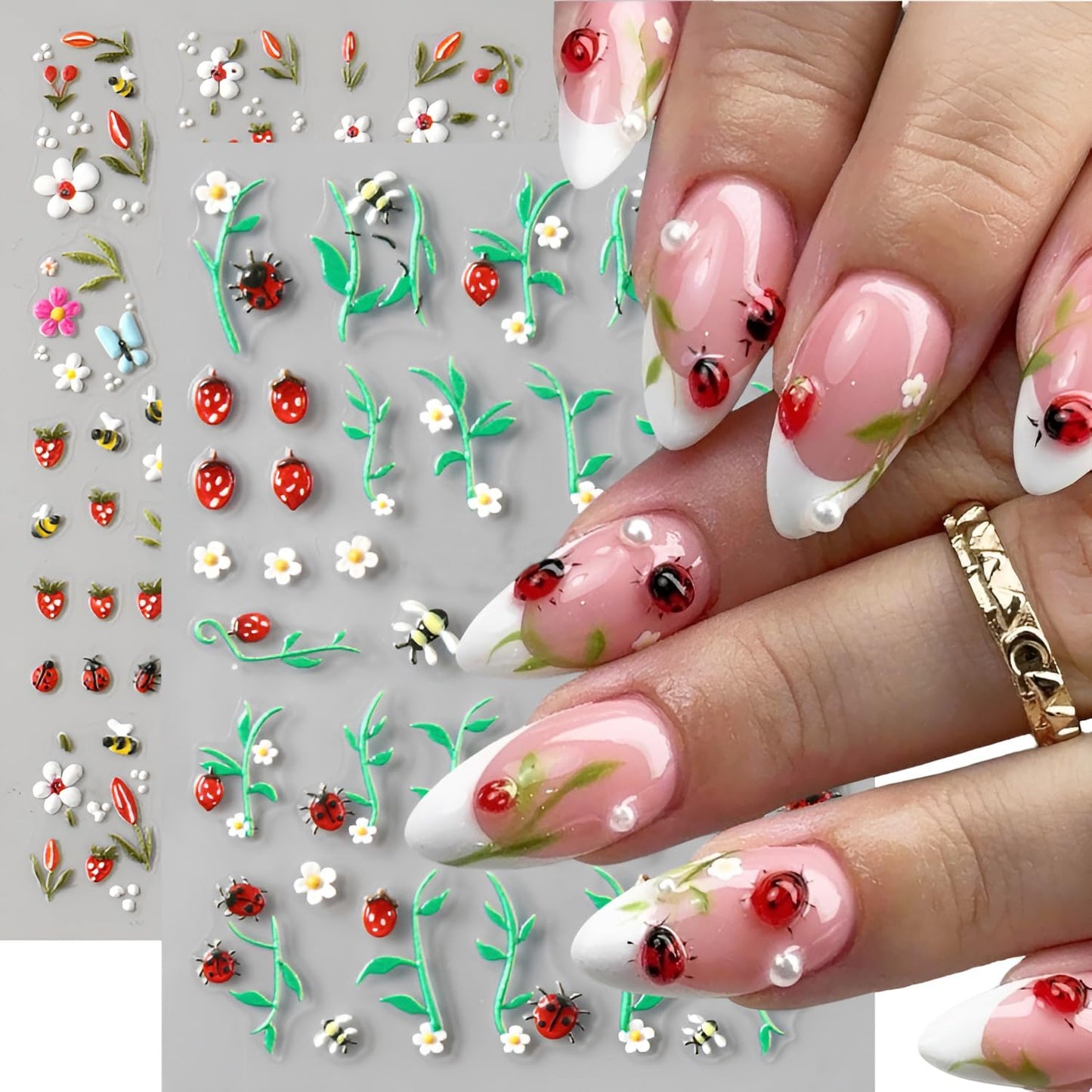 Spirng Nail Stickers for Nail Art 5D Embossed Cute Ladybug Nail Decals Flower Nail Art Stickers Strawberry Leaf Nail Design Summer Nail Art Supplies for Women Girls 2 Sheets