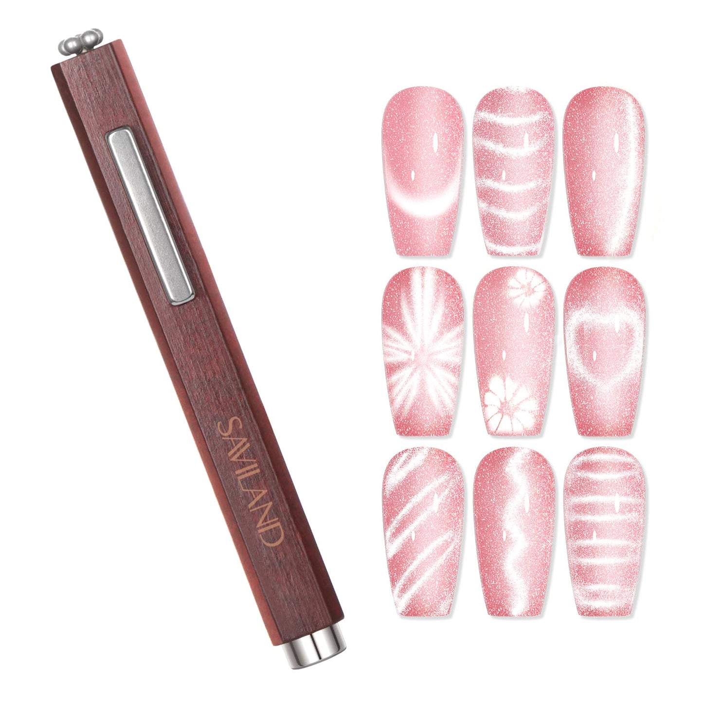 SAVILAND Essentials Cat Eye Magnetic for Nail: 3-in-1 Brown Cat Eye Gel Nail Polish N35 Neodymium Round Long Strip Magnet Wand Stick Diverse Effect Double Ended Nail Salon Design Tools Set Accessories