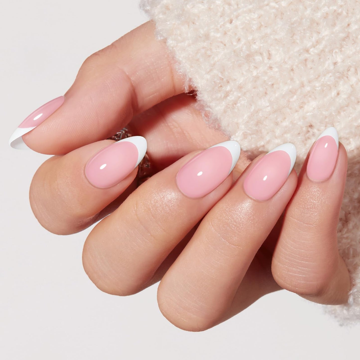 Modelones French Tip Press on Nails Almond, Summer Short Almond Fake Nails for Women, Reusable Nail Kit with Nail Glue Adhesive Tabs Mini Nail File, Nails Press Ons 32Pcs 16 Sizes