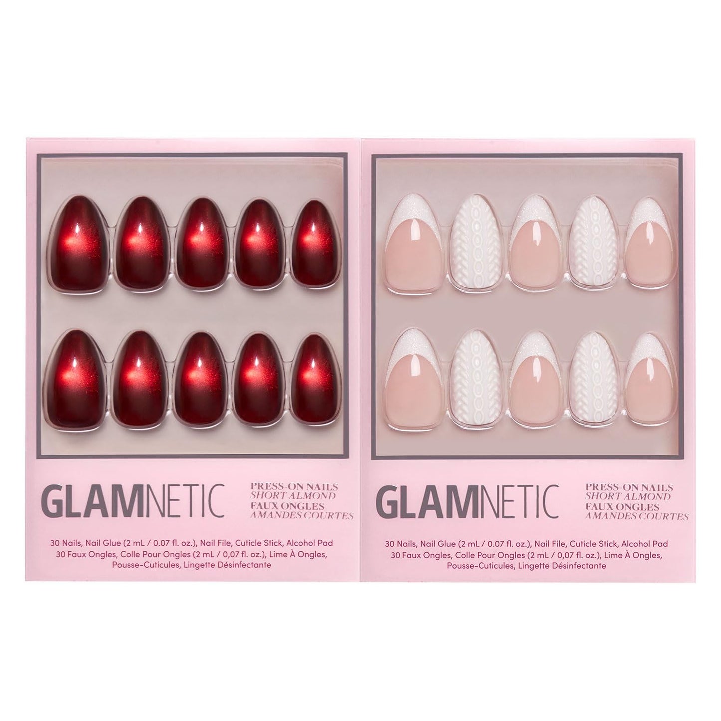 Glamnetic Press-On Nails Bundle - Frosted Cranberry & Sweater Weather | Short Almond Fake Nails in Deep Red with Jelly Finish | Short Almond Fake Nails with White Glitter French Tips & 3D Designs | Du
