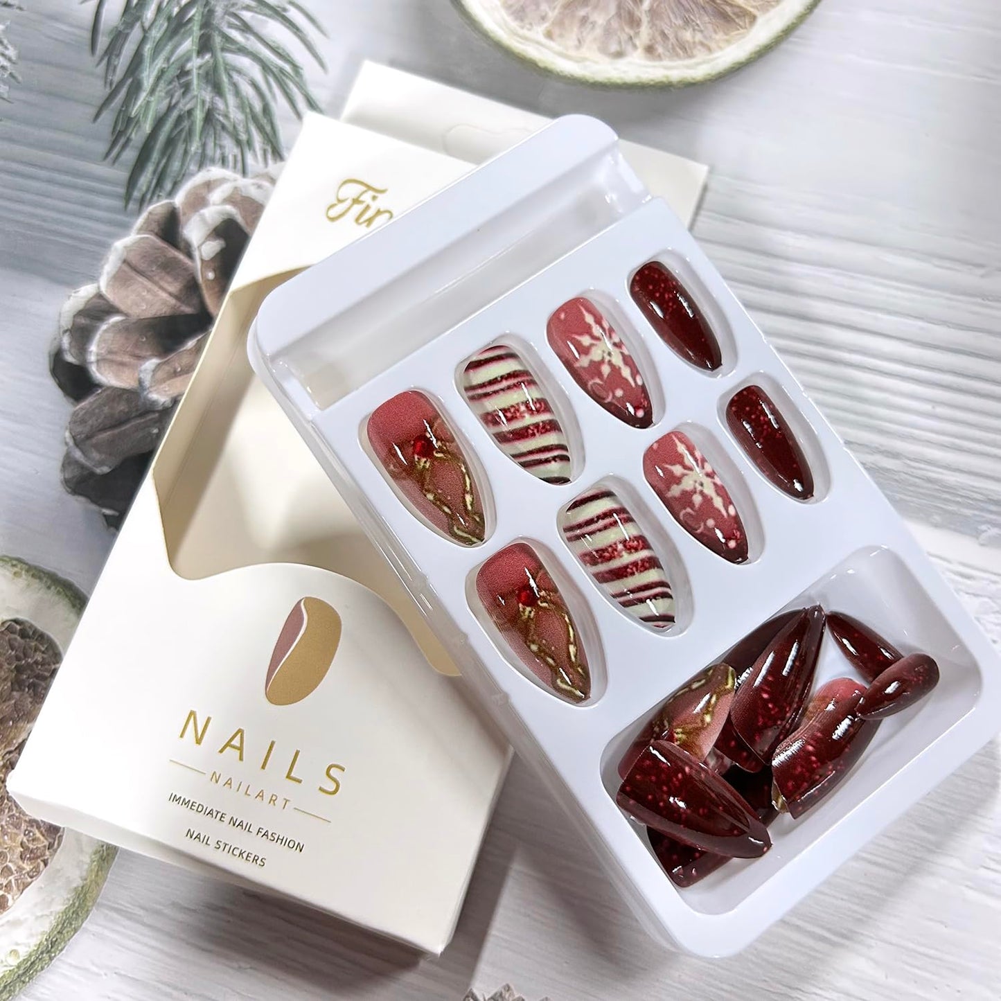 Christmas Press on Nails Medium Artificial Almond Acrylic False Nails French Red Tip Glitter Fake Nail Snowflake with Bow Xmas Stick on Nail Full Cover Reusable Coffin Artificial Fingernails for Women