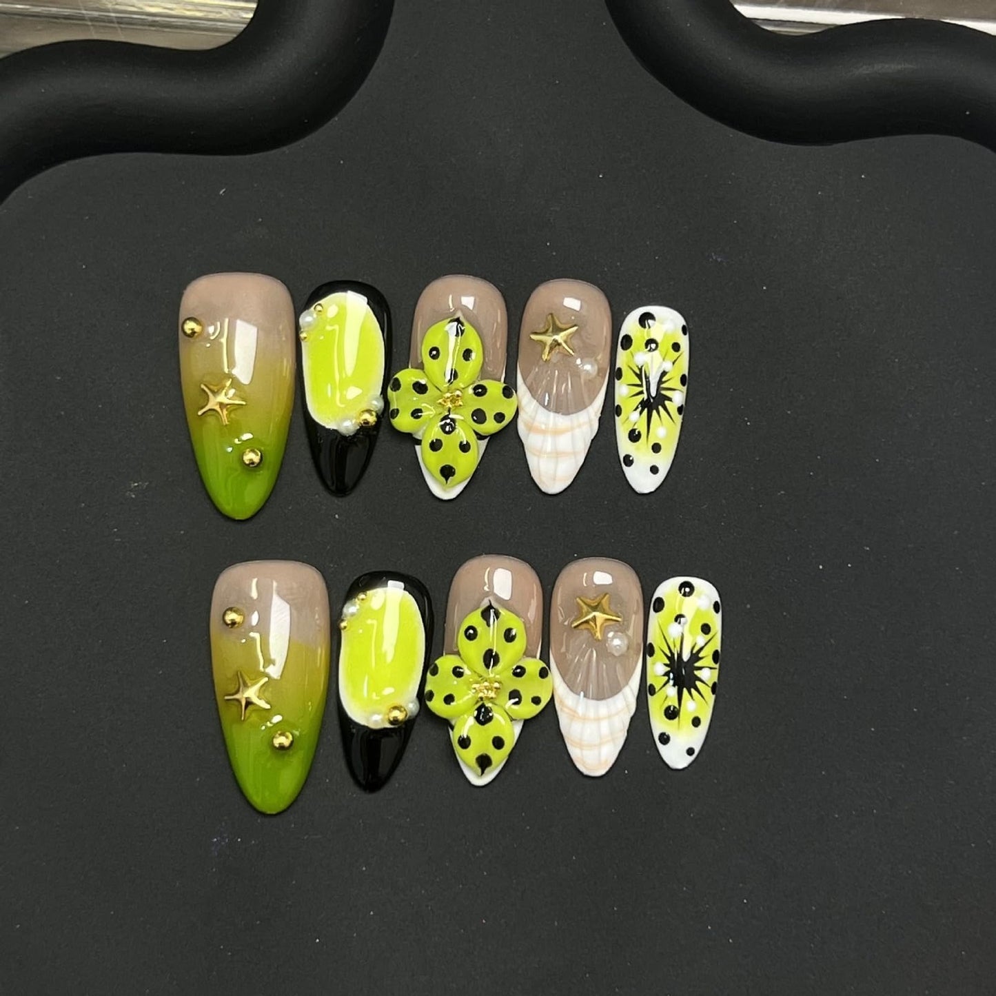 Handmade Press on Nails for Women - Medium Almond 3D Thick Acrylic Reusable Fake Nails with Designs Summer Floral Boho Funky Tropical Cute Nail-art Set 10pcs,neon-green,M