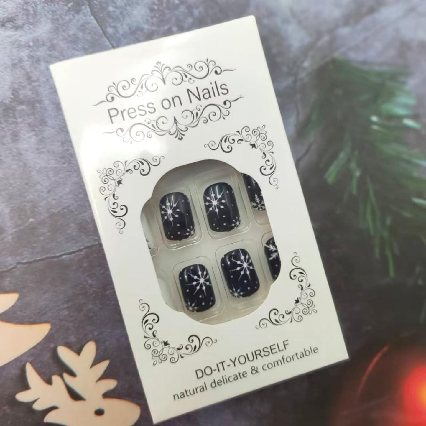 Short Press on Nails Christmas Nails Press ons French Tip Fake Nails with Rhinestone and Snowflake Designs Full Cover Gradient Stick on Nails Reusable Nail Black Glue on Nails Holiday Manicure 24Pcs