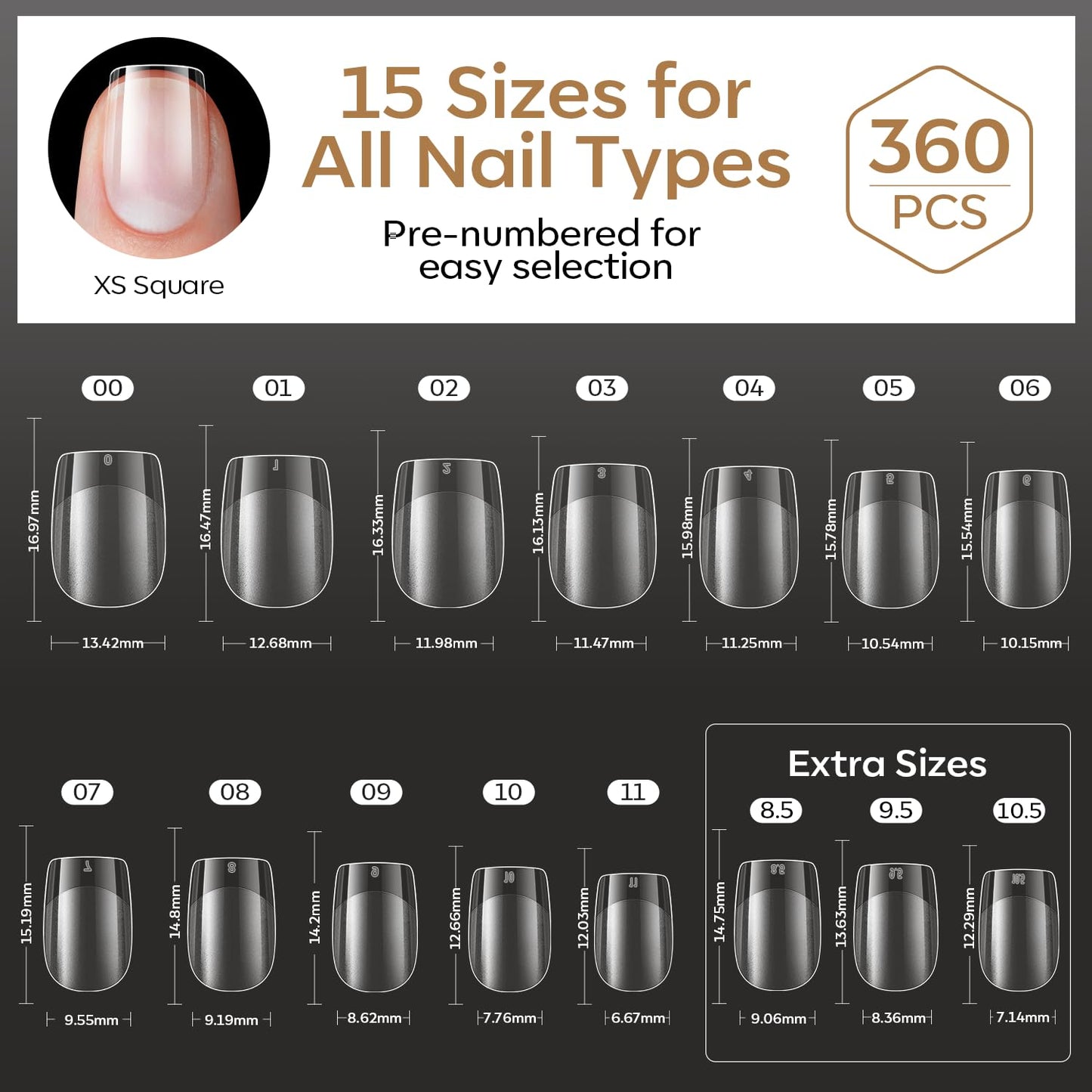 modelones Extra Short Square Gel Nail Tips, 360pcs Pre-etched Clear Fake Nails Press On Full Cover Half Matte 15 Sizes Acrylic Gel Tips for Extension Salon