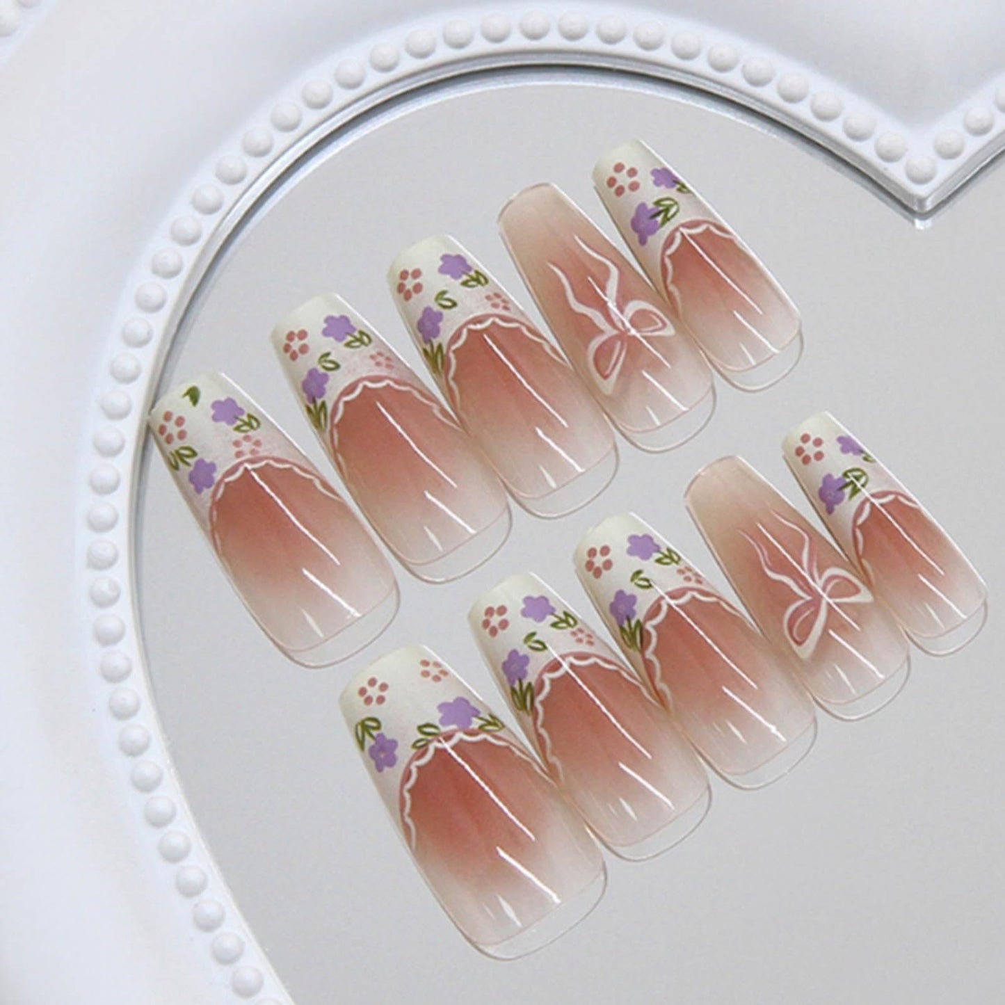 DANMANR Long Press on Nails Coffin French Fake Nails Full Cover Nude Acrylic Gradient False Nails for Women and Girls24PCS (Pink Lace)