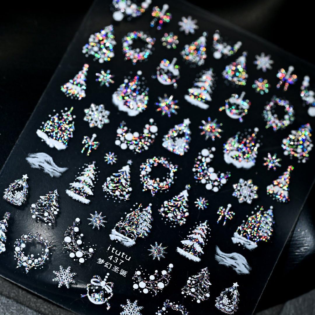 5D Embossed Christmas Nail Art Stickers Silver Nail Stickers Self-Adhesive Xmas Tree Elk Snowflakes Nail Decals Winter Xmas Holiday Manicure DIY Nail Supplies for Women Girls