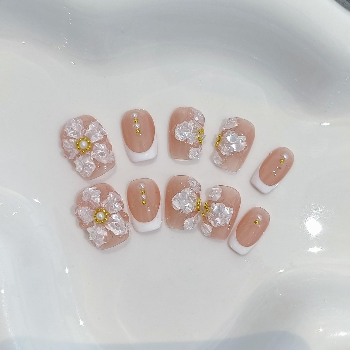 TENPAL Press On Nails with Tools Kit,Nude French 3D Floral Embossed Short Round Square False Nails,White French Glue on Nail,Chinese Style Ice Gel Reusable Fake Nails for Daily Wedding Party 10Pcs(S)