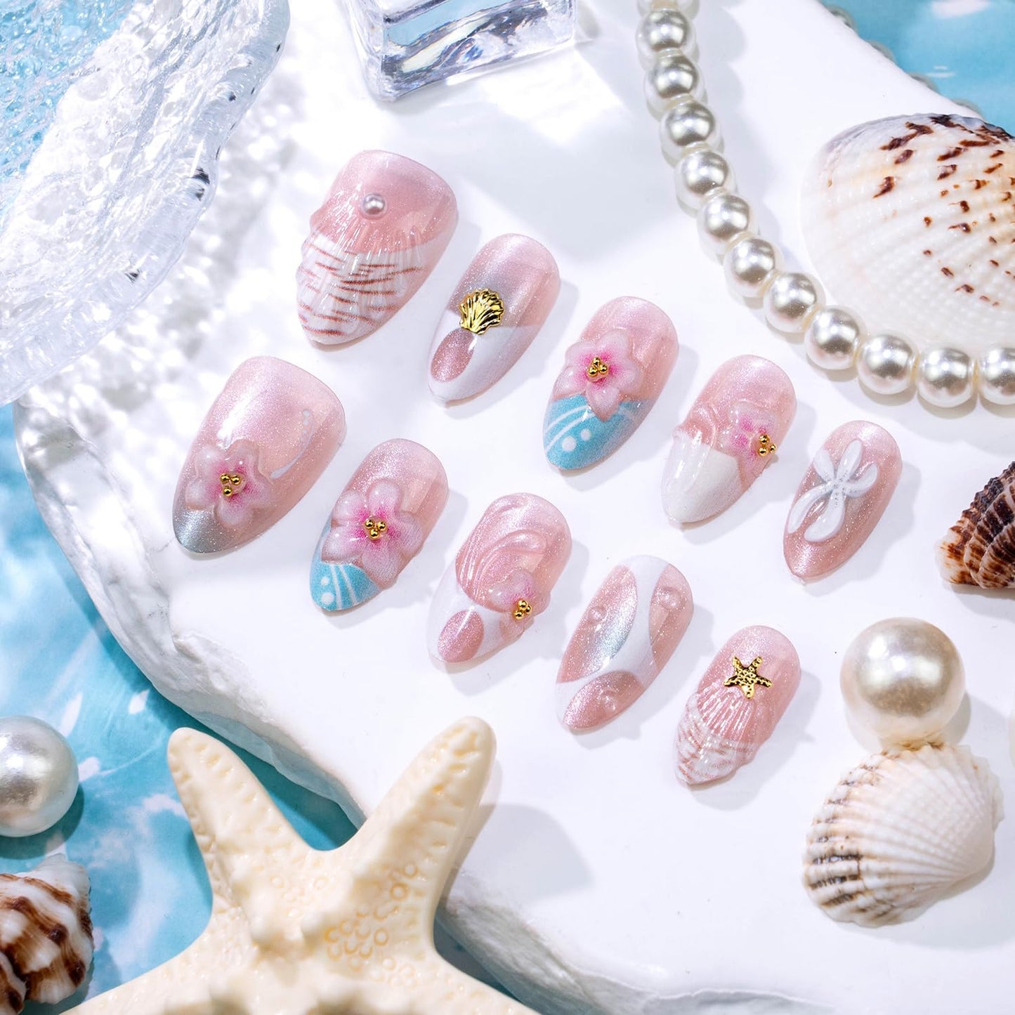 Summer Blue Press On Nails Medium Almond Fake Nails French False Nails With Starfish Designs Acrylic 3D Flower Press Ons Full Cover Glue On Nail Glossy Stick On Nail For Women 24Pcs