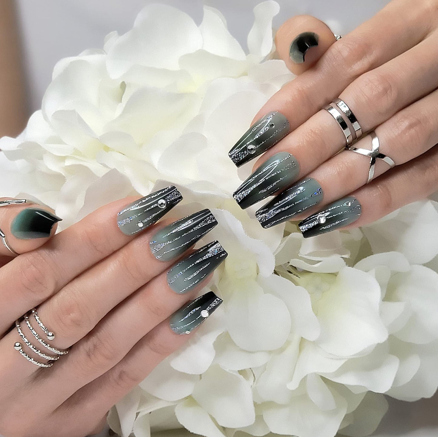 Hypnaughty 24 Pcs LUXE Black and Green Ombre Luxury Rhinestone Coffin Press on Nails with Glitter Design and Glue Long Fake Nails Black and Green Ombre Nails with Glitter and Rhinestones (LUXE)