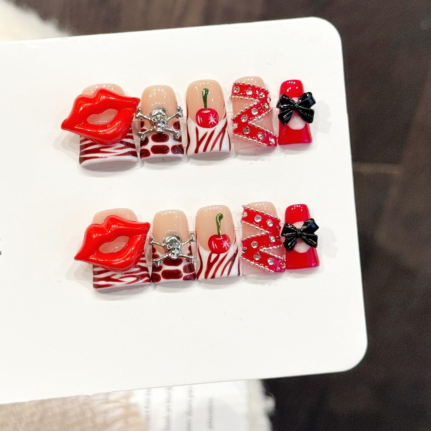 10Pcs Valentines Short Square Press on Nails Handmade Fake Nails French Red Lips Silver Skull Black Bow Design Valentine Full Cover Glue on Nails for Women（Size S）
