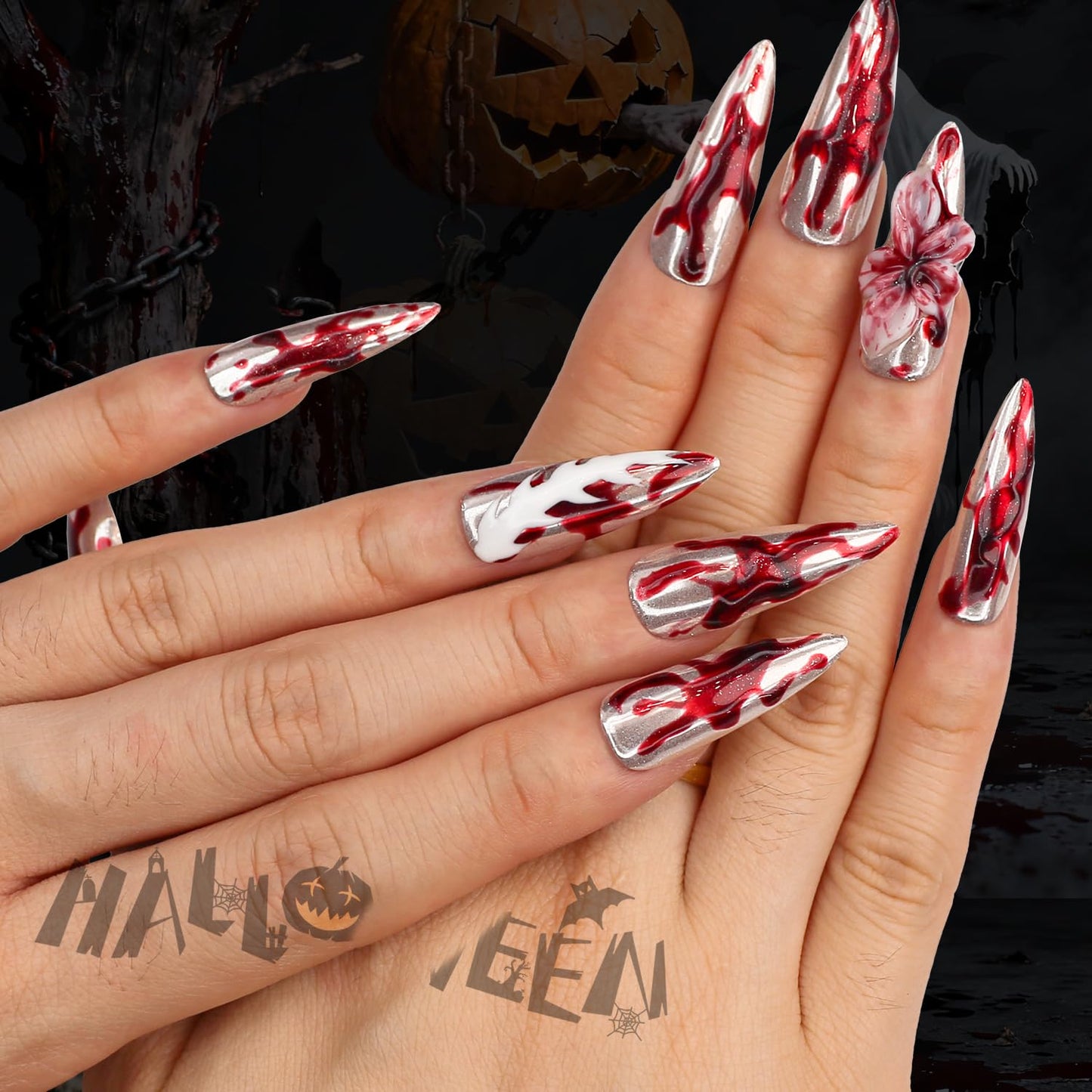 Yacey Halloween Handmade Press on Nails Long Stiletto, Reusable Muti-Gel False Nails Press Ons, Horror Blood Design Thick Acrylic Fake Nails, 3D Flower Glossy Glue on Nails for Women Girls (10 Pcs, S)