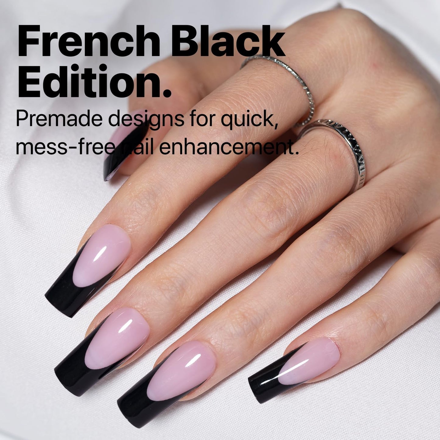 SXC Cosmetics French Tip Press On Nails – Black Series, Medium Square, X-Pro Tips Starter Kit | 150PCS, 15 Sizes, 5 Styles, Beginner-Friendly