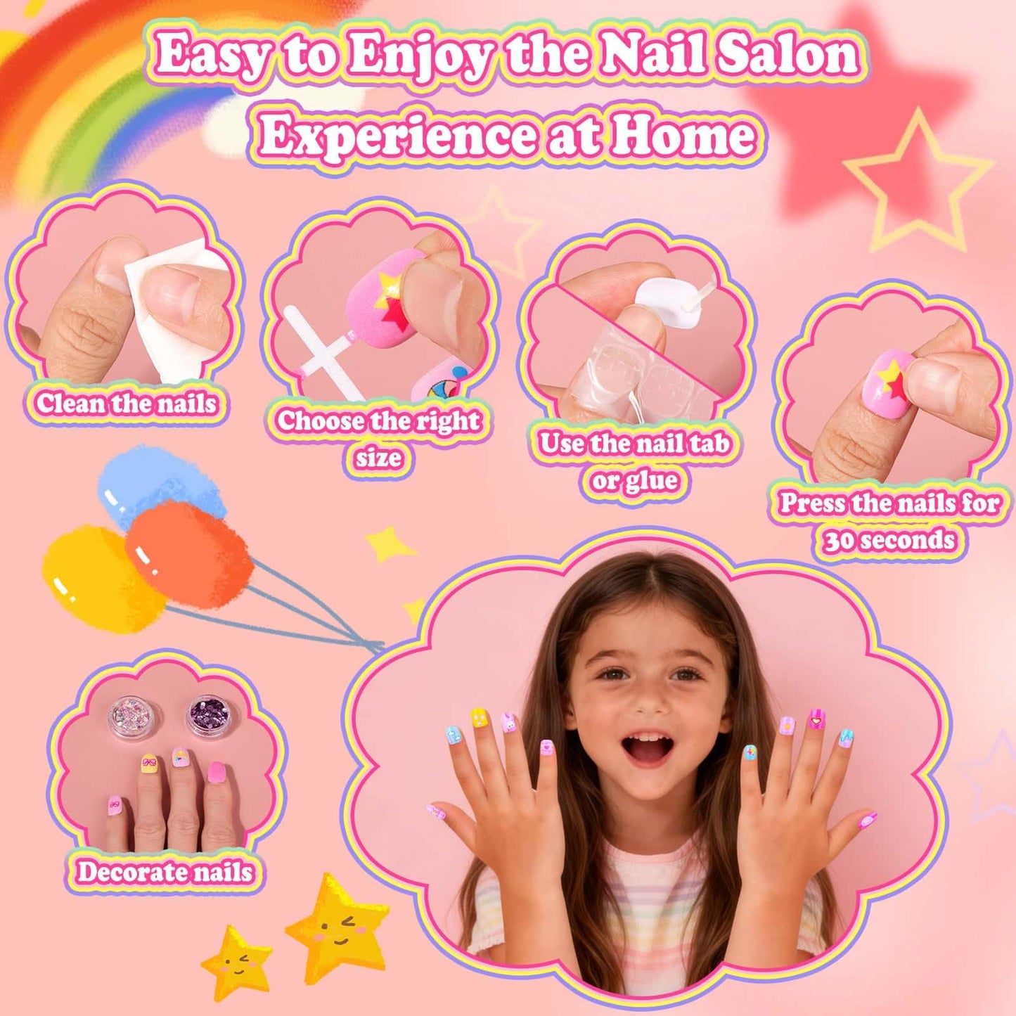 576 Pcs Kids Nails and Glue, Girls Press ons Nail Art Kit with Storage Case, Fake Nails Adhesive, Remover, Rainbow Nail File, Cute Stuff Girls Gift for Kids Age 8-12