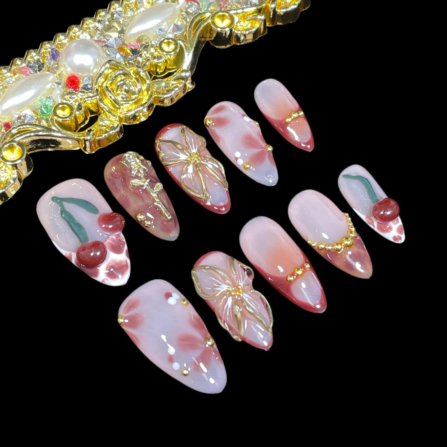 Handmade Press On Nails Medium Almond Elegant 3D Cherry & Gold Floral Accent False Nails | Nude Pink Base with Wine-Red Tips, Reusable Acrylic Fake Nails (Wine Cherry, S)
