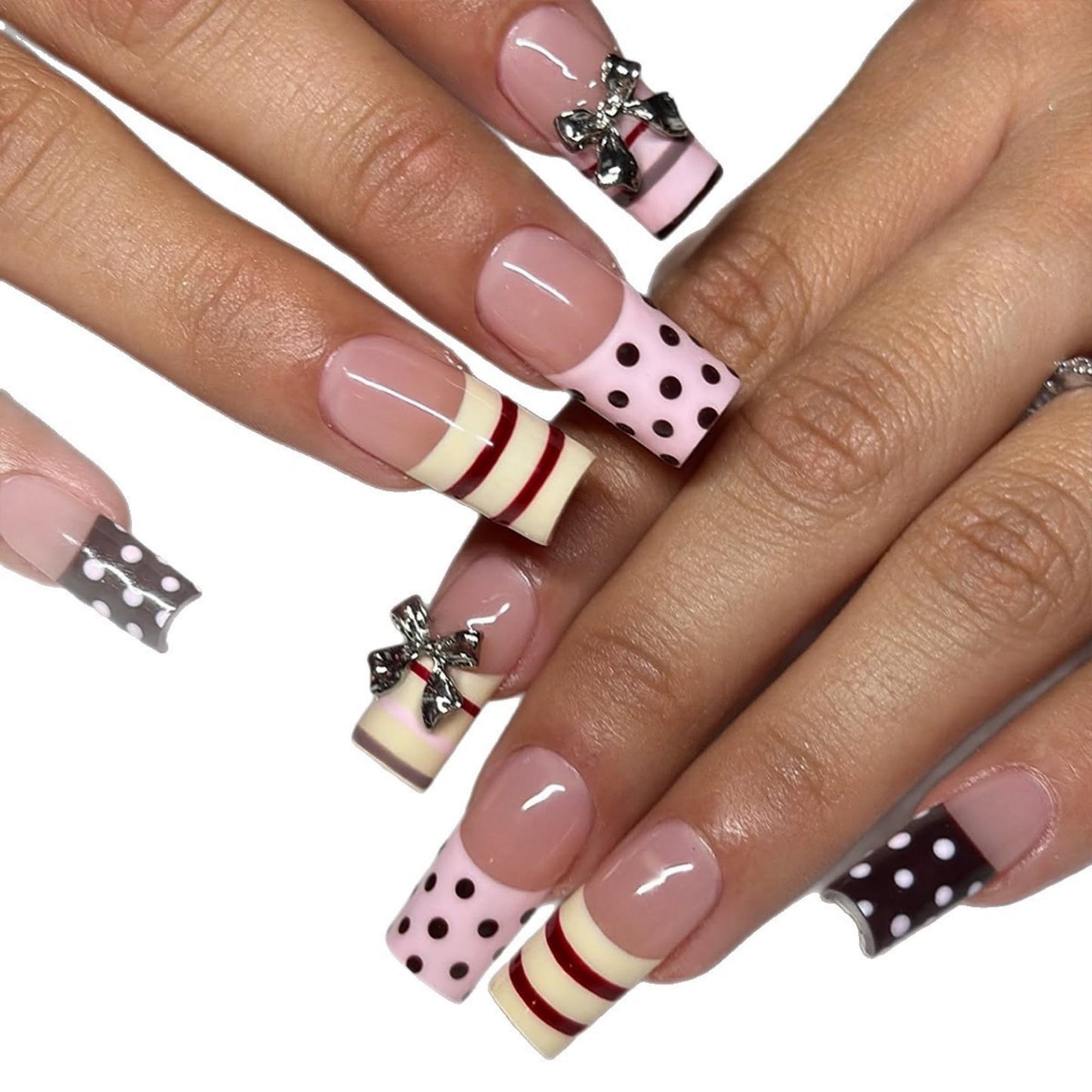 octoswave 3D Bow Press on Nails with Stripes and Polka Dots, Medium Square Acrylic Glue on Nails for Wedding Party Dating, 24Pcs