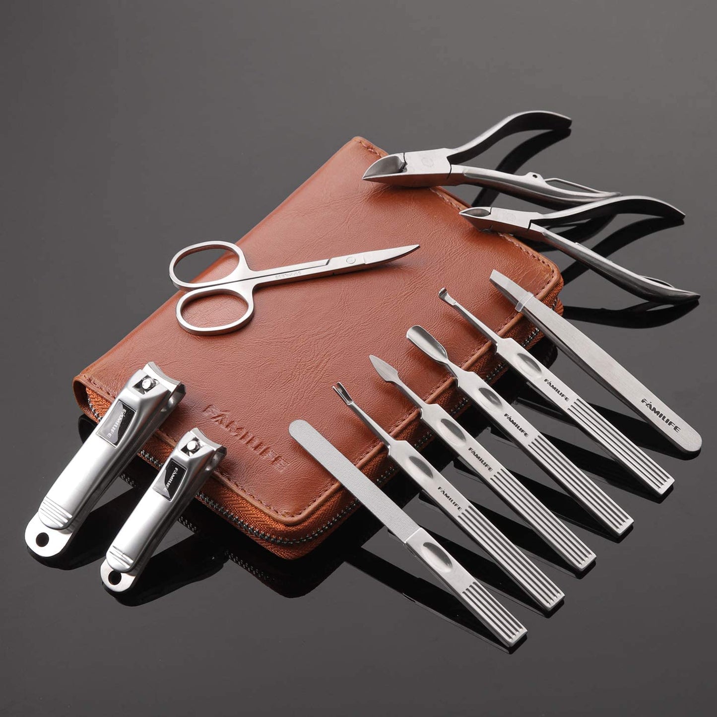 FAMILIFE Professional Manicure Kit Nail Clippers Set 11 in 1 Stainless Steel Pedicure Tools Kit Grooming Kit and 16pcs Gifts for Men Stainless Steel Portable Brown Leather Nail Kit Mens Gifts
