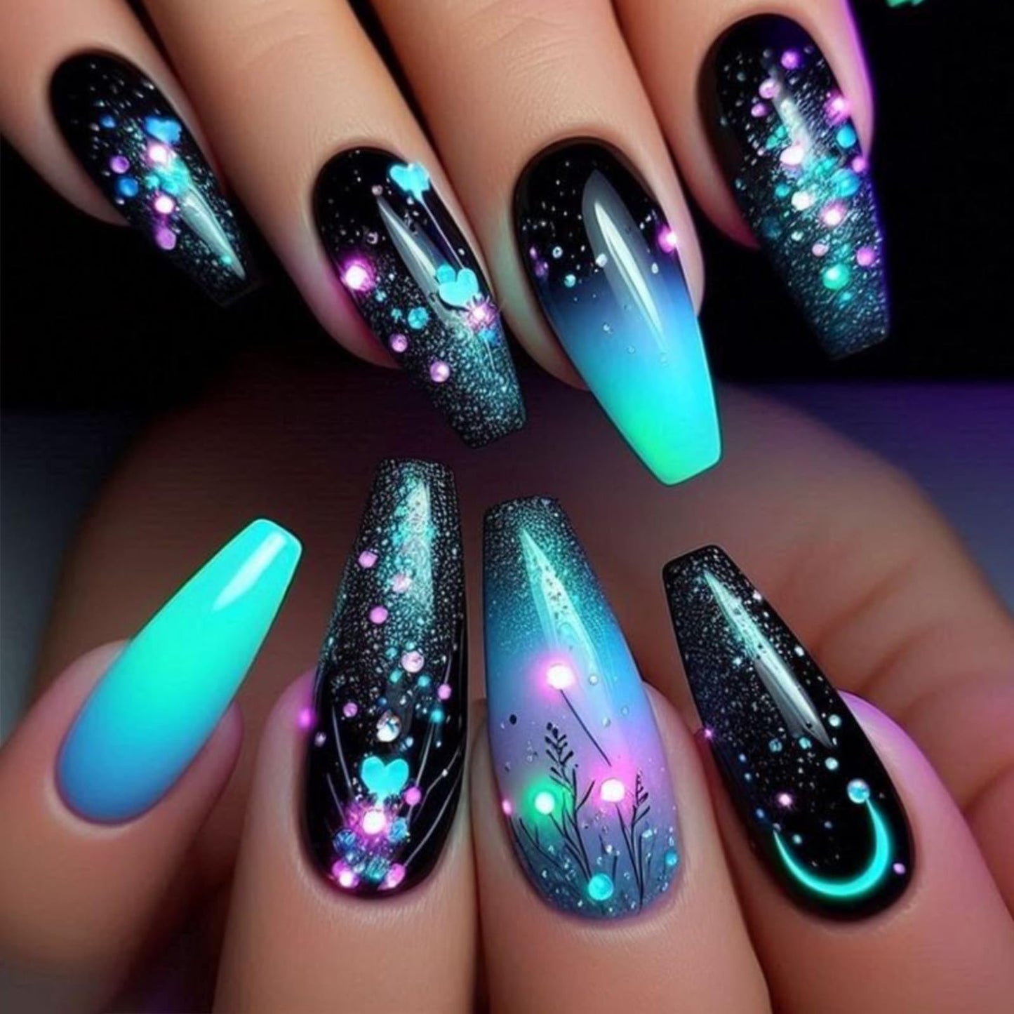 Starry Sky Press on Nails Nebula Acrylic Full Cover Fake Nails Milky Way Stick on Nail 24Pcs Glossy Blue Gradient Medium Coffin False Nail Purple Ombre Gel Glue on Fingernails for Holiday Manicure Art