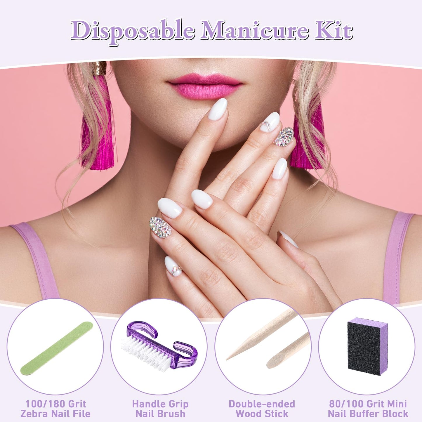 Leriton 100 Sets Mothers Day Professional Disposable Manicure Kit Basics 4 Piece Nail Kit Wood Nail File 100/180 Grit, Mini Buffer 80/100 Grit, Wood Stick and Handle Grip Brush Gifts(Purple)