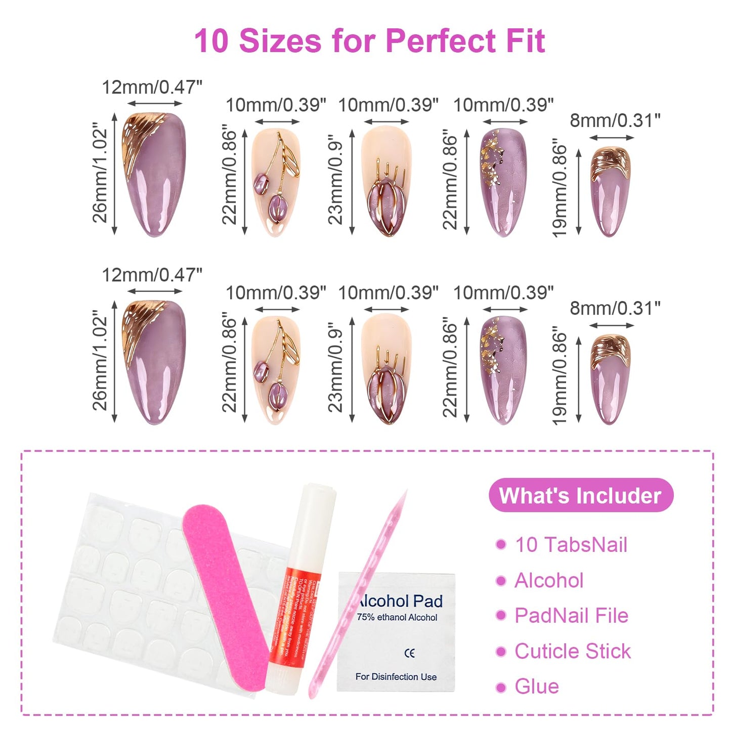 LTXHZYYL Handmade Pres on Nais Amond Purple Nails Press ons 3D Design Reusable ABS Full Cover False Nails Kit-Luxury Medium French Tip Glossy Acryic Fake Nails for Women