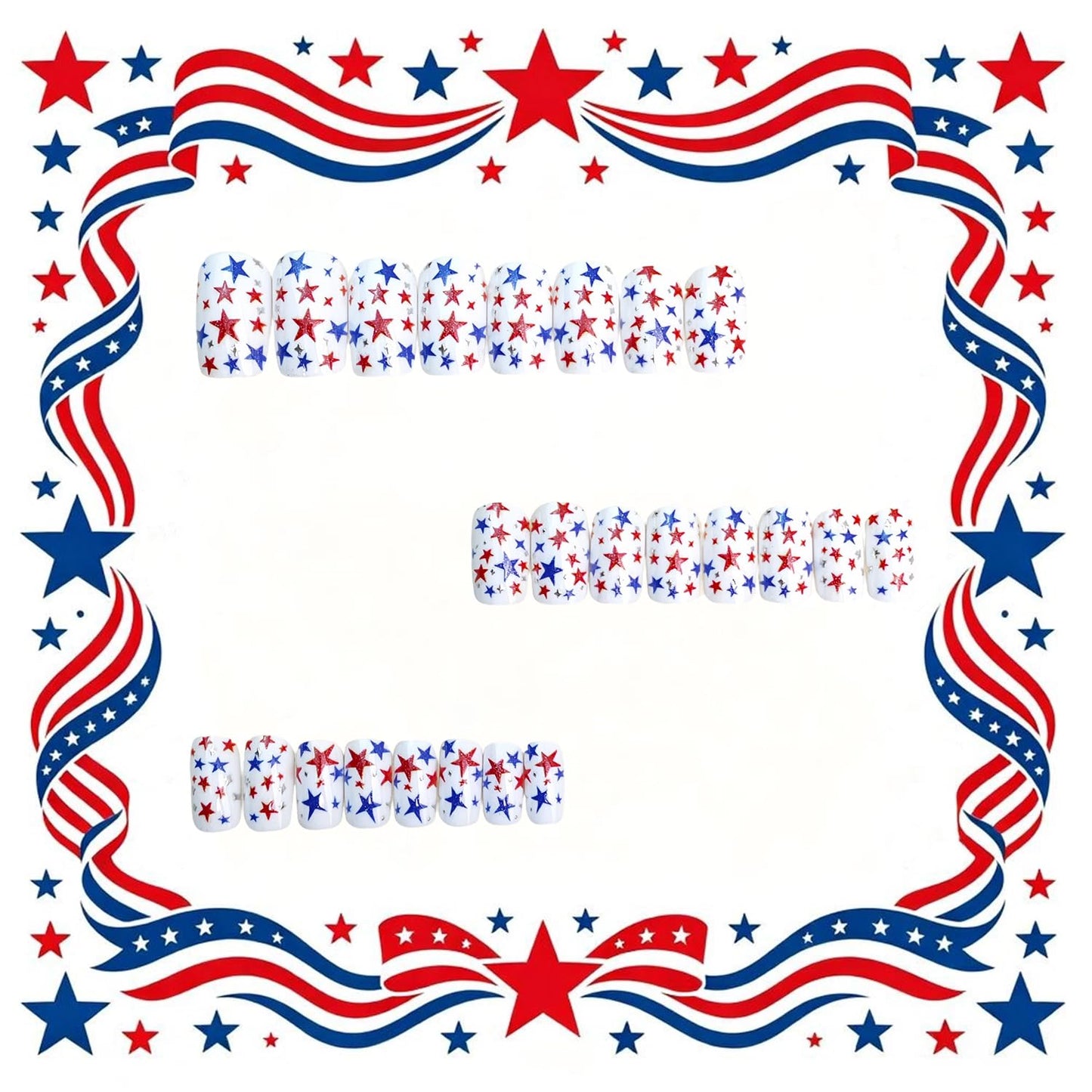 White Independence Day Press on Nails Medium Length Artificial Fingernails Colorful Stars Fake Nails Glossy 4th of July Glue on Nail Square Shaped Stick on Acrylic Nail for Women Holiday Manicure