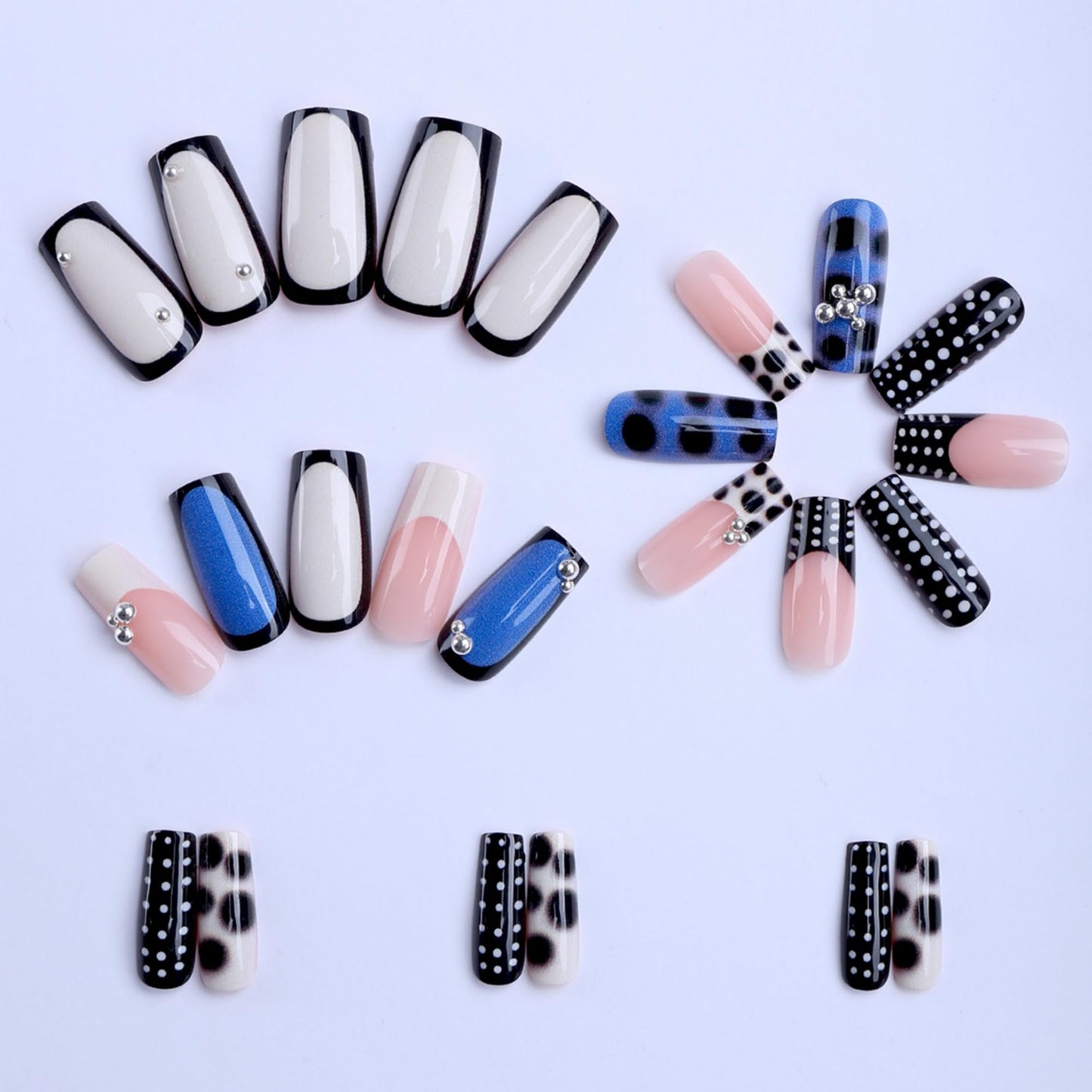 octoswave Press on Nails Medium Square - Black White Polka Dot French Tip 3D Metallic Charms Acrylic Fake Nails for Party Travel Office 24Pcs
