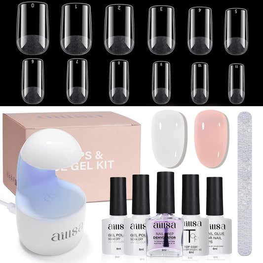 AILLSA Gel Nail Tips Kit Short Square Nail Tips 240pcs with 2 In 1 Nail Glue Base Coat and Nail Dehydrator, Nail Extension Kit with Nail Lamp Top Coat for Starters Home Salon