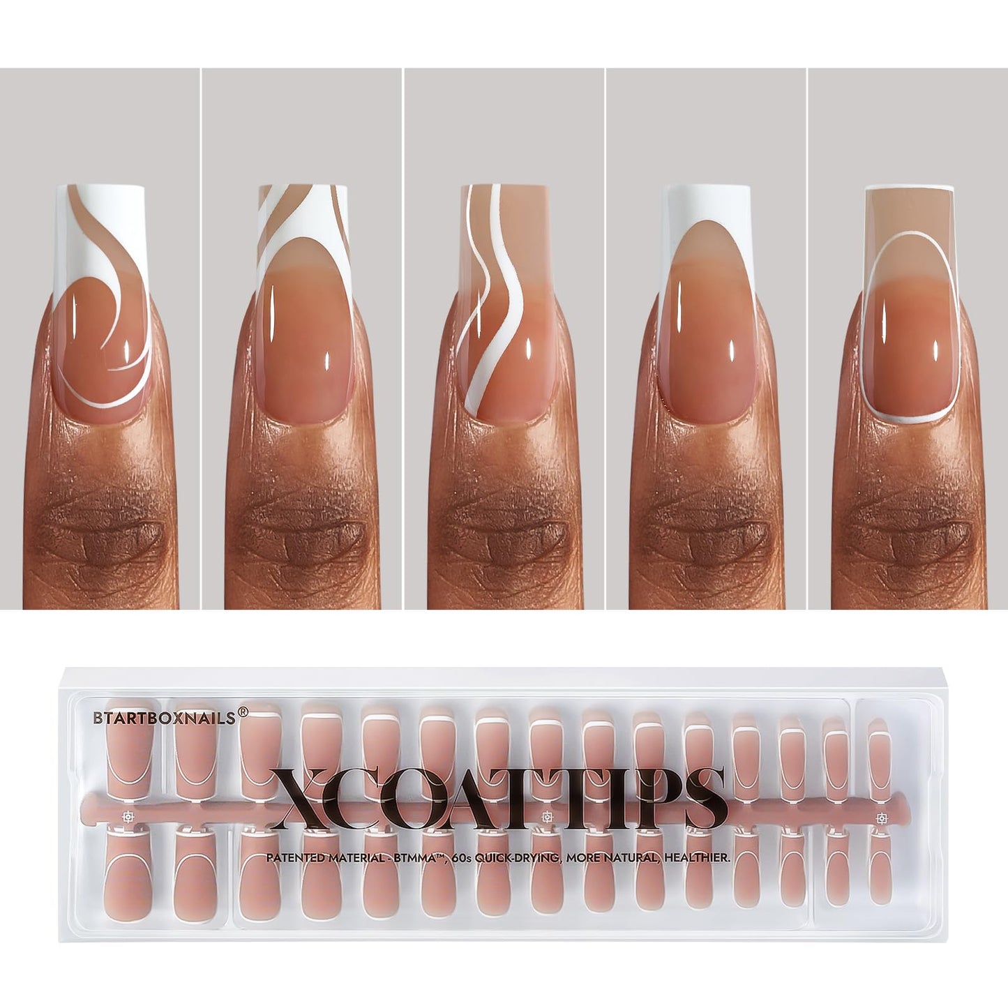 BTArtbox XCOATTIPS Gel Nails with 20g Solid Nail Gel Glue-5 Styles Pre-Designed Swirl Long Square Fake Nails, Ultra Fit French Tips Nail Tips with Pre-applied Tip Primer & Base Coat Cover