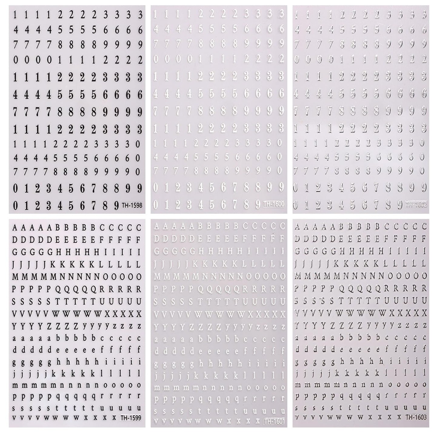 6 Sheets Letters and Numbers Nail Art Stickers 3D Self-Adhesive Black White Silver Letters Nail Decals Holographic Number Nails Stickers Decoration Suitable Women Daily DIY Manicure Supplies Set