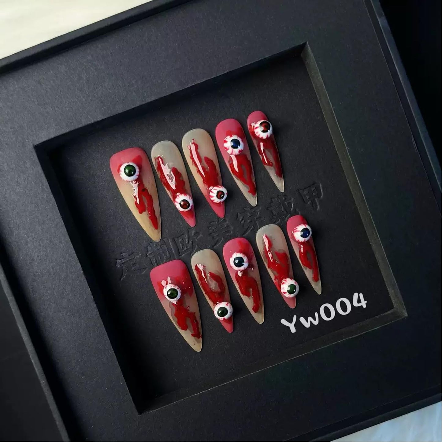 Handmade Press on Nails Halloween Nail Press on Nails Long Stiletto Fake Nails with Evil Eyes Design Red Blood False Nails Ombre Handmade Nails for Women Girls Holiday Manicure 10pcs Size L