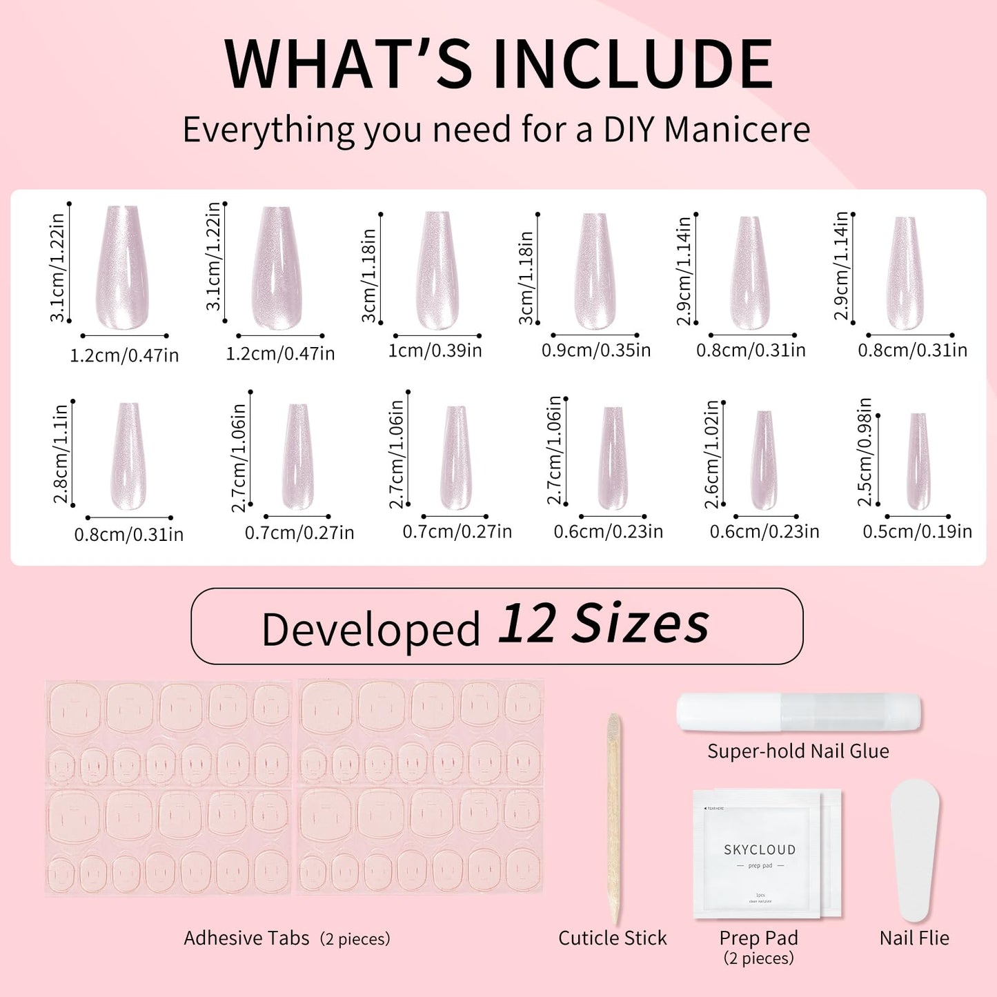 White Pink Cat Eyes Press On Nails,12 Sizes - 24 Pcs Soft Gel White Pink Long Coffin Fake Nails Kit with Nail Glue, Natural Reusable Stick On False Nails for Women and Girls SK1046