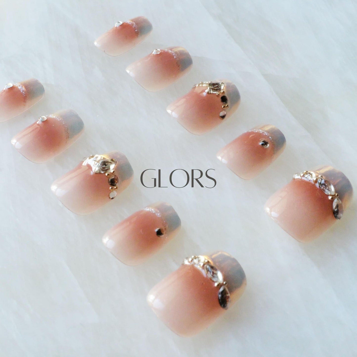 [GLORS] Purely Handmade Press On Nails | Moon Dream - French-style Pink Nail Tips with Diamond | Salon Quality Fake False Nails in Short Square 10 pieces (XS, SS)