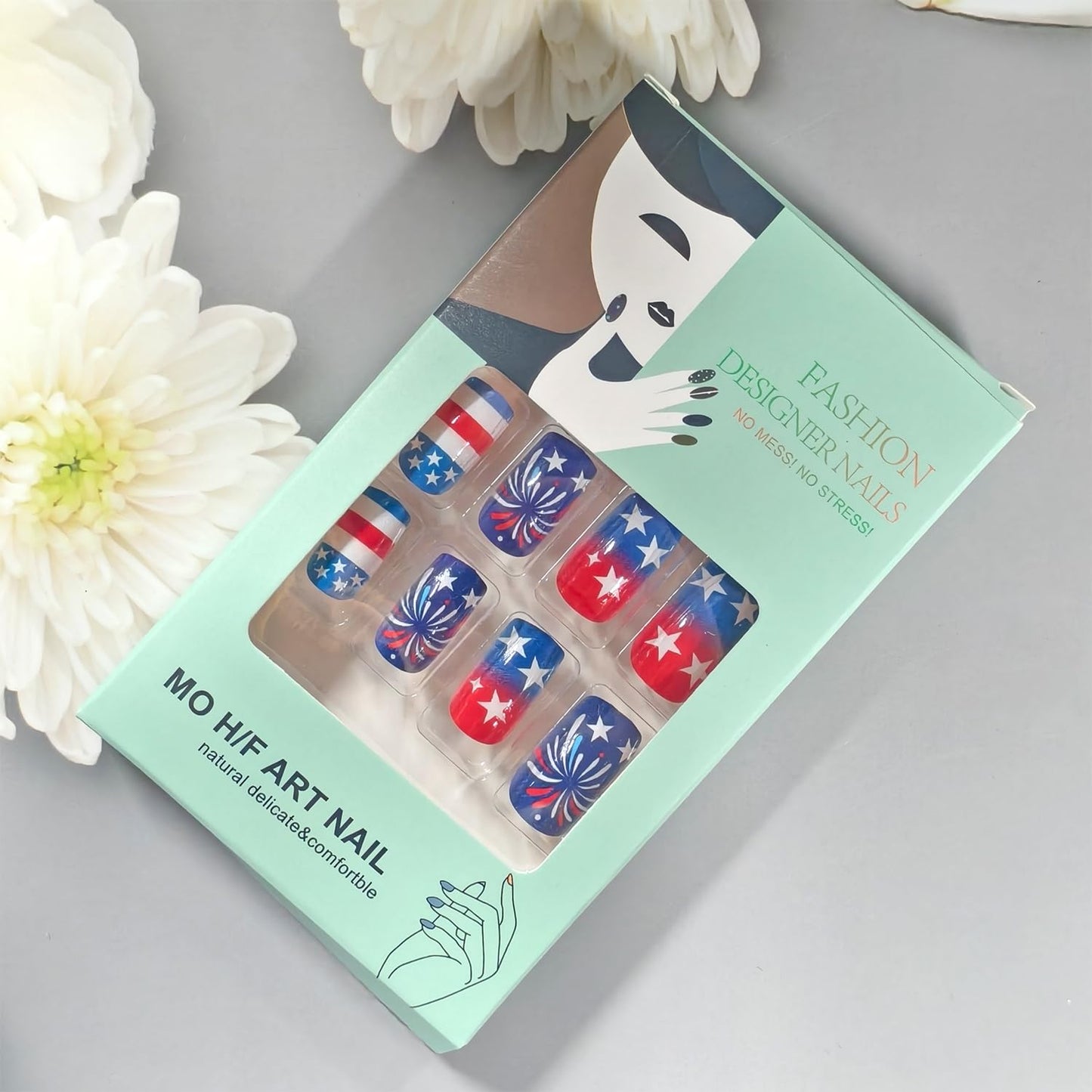 Independence Day Press on Nails Medium Square French Fake Nails Gradient Red White Lines with Stars Fireworks Glossy Acrylic Nail 4th of July Glue on Artificial Fingernails for Women Festival Manicure