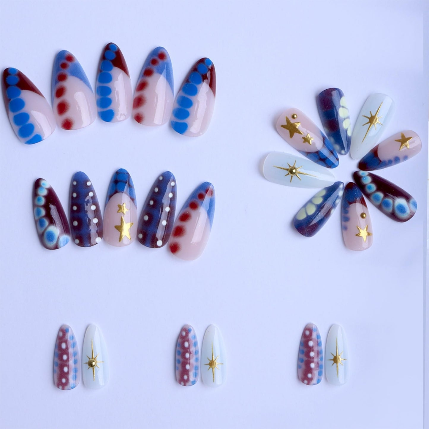 Long Press on Nails Almond Fake Nails Blue Acrylic Nail Press ons SEENEEY Stars Gold Charm Tortoise Shell Beach Stick on Nail for Women 24pcs