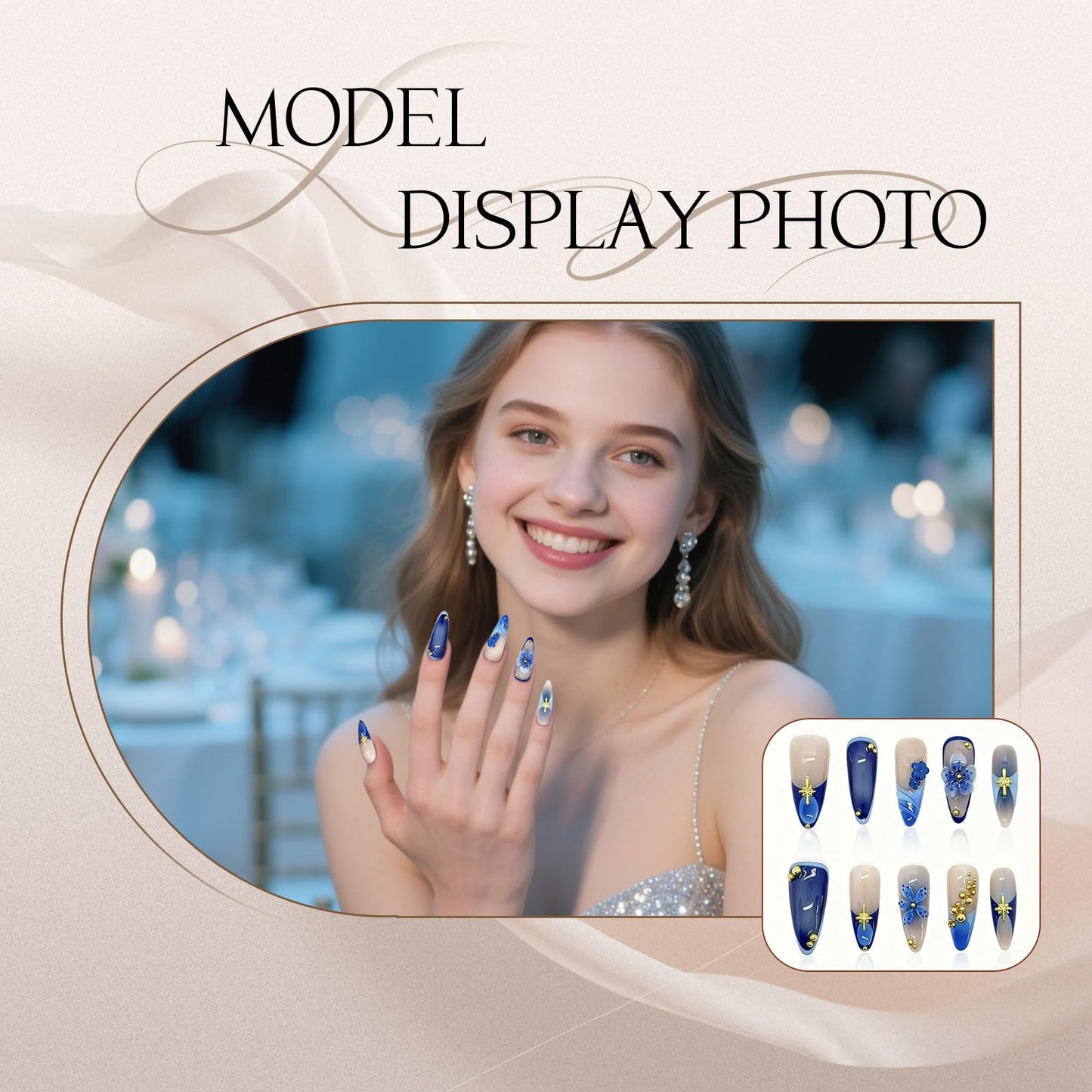 Reusable Press On Nails for Women & Girls - Short Almond Shape, Green Gradient with 3D Hand-Sculpted Florals, Holiday Party Manicure (F-Dark Blue Long, S)