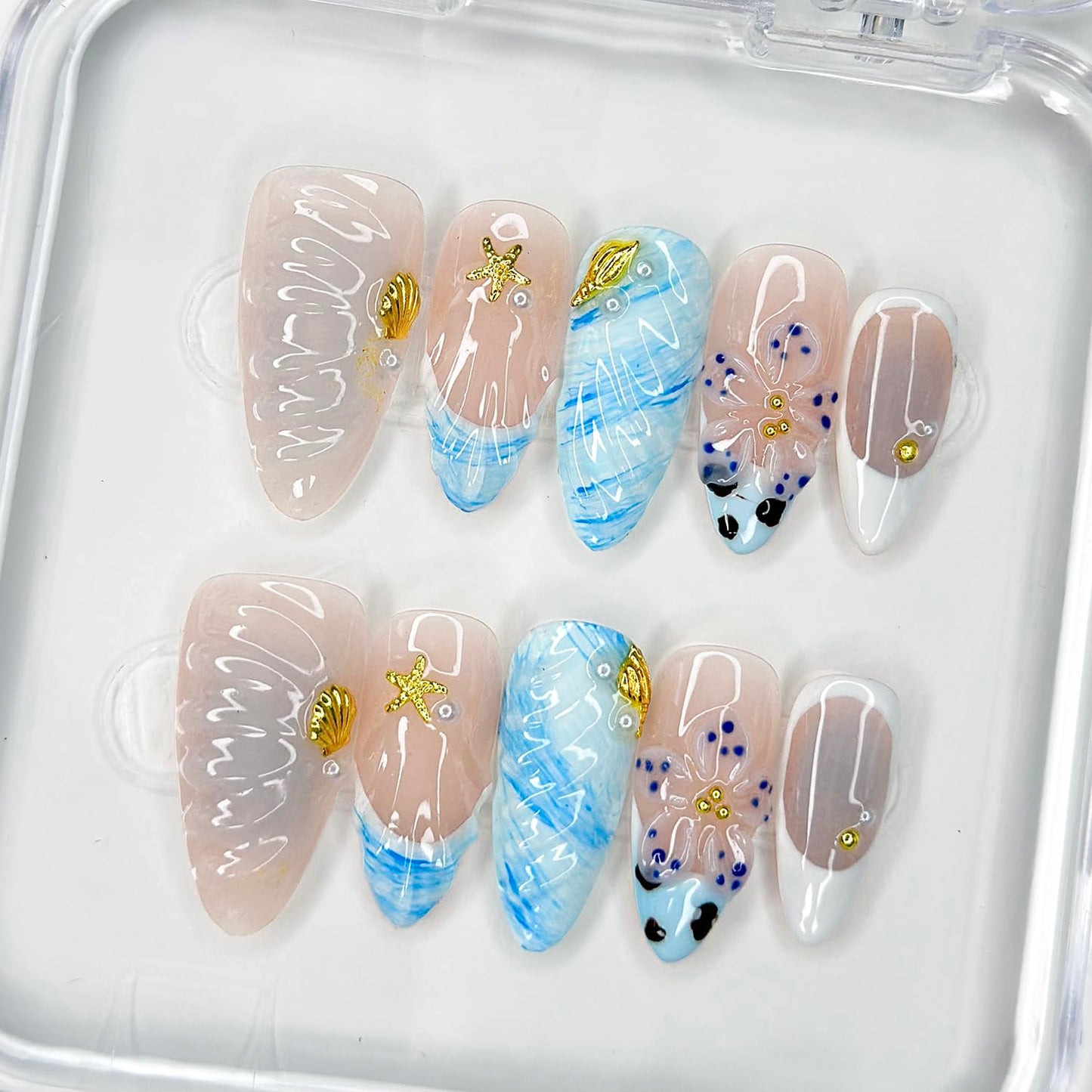OFDNE Luxury Press On Nails Medium Almond Handmade 3D Unique Reusable ABS Material False Nails Blue with Designs Starfish Floral Art Petal Glossy Glue on Nails Thick Acrylic Nails (10 Pieces, 1 Set)