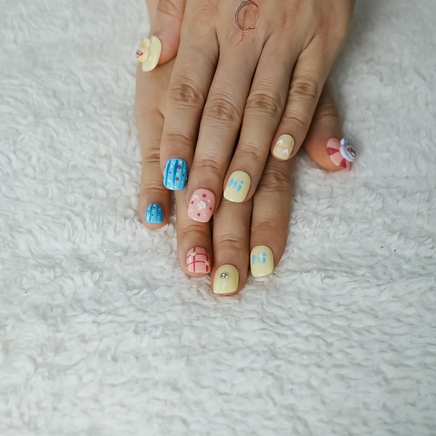 Tesytto Cartoon Press on Nails Extra Short Square - 3D Cute Charms Design, Colorful Mini Figure False Nails for Women and Girls (Cartoon-B,S)