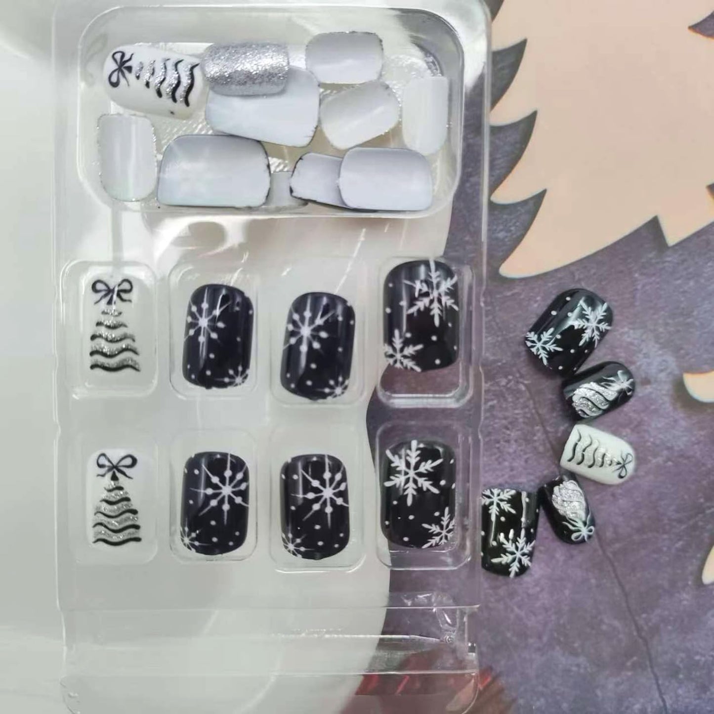 Short Press on Nails Christmas Nails Press ons French Tip Fake Nails with Rhinestone and Snowflake Designs Full Cover Gradient Stick on Nails Reusable Nail Black Glue on Nails Holiday Manicure 24Pcs