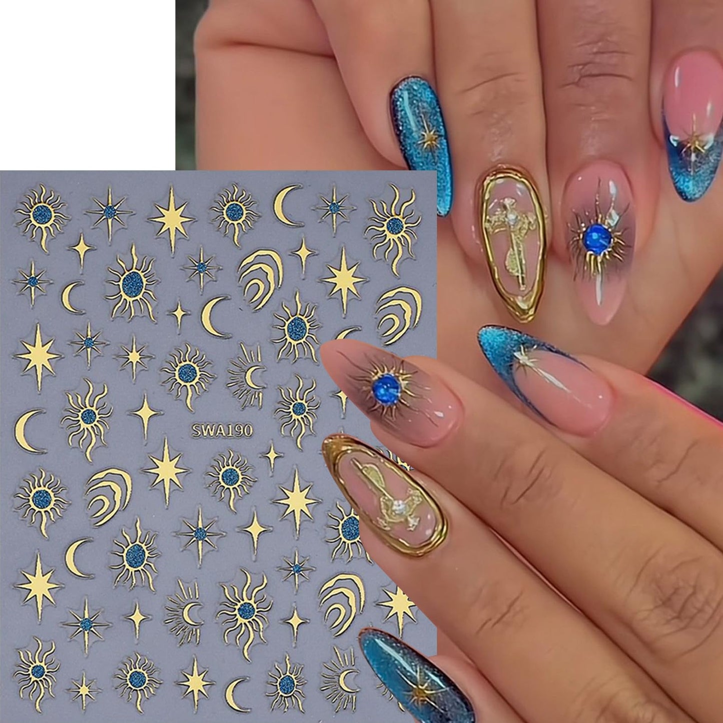6 Sheet Celestial Nail Art Sticker Moon Star Sun Glitter Design Nail Decals 3D Self-Adhesive Nail Accessories Golden Metallic Nail Supplies Beauty Salon Sticker for Women DIY Manicure Nail Decorations