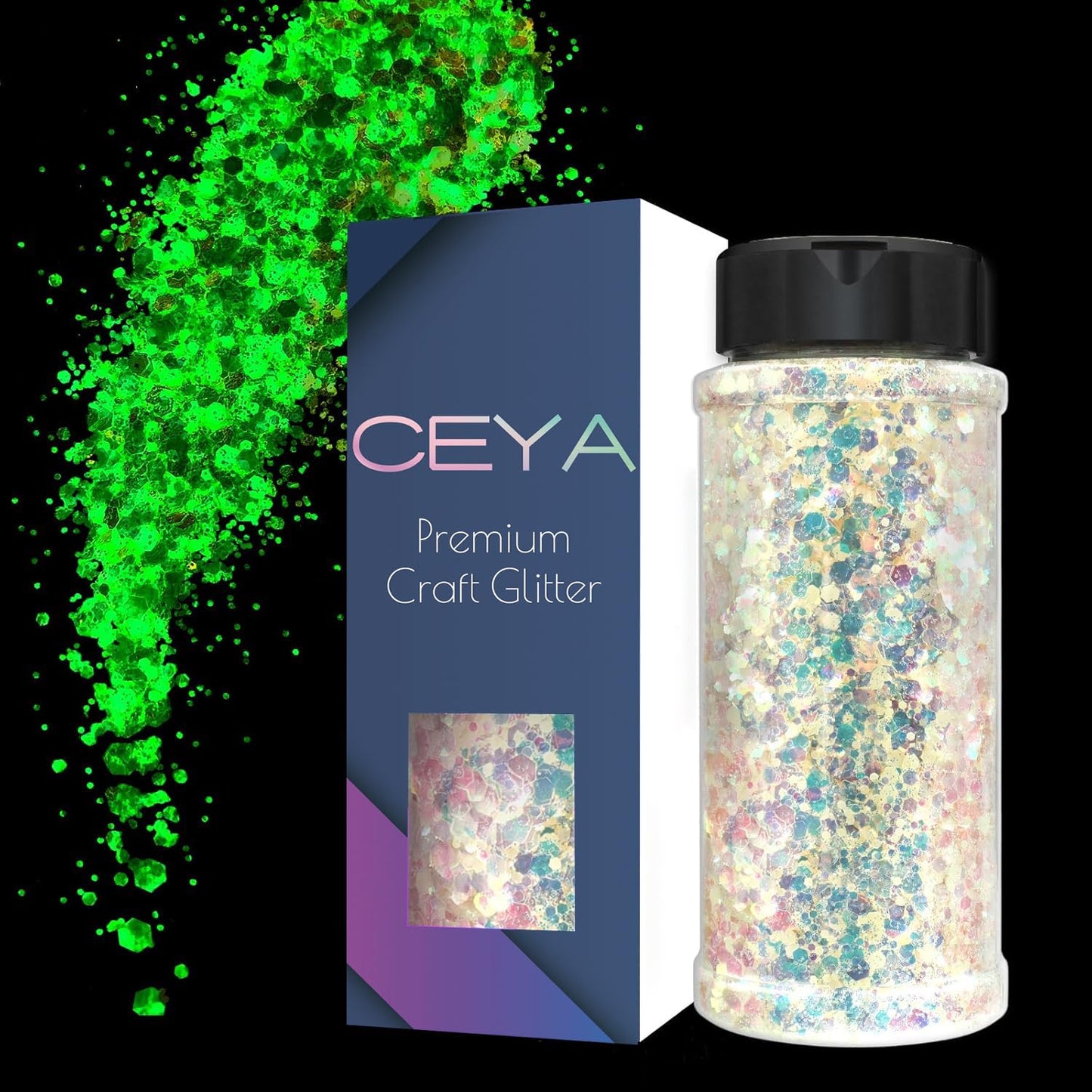 Ceya Glow in The Dark Glitter, 3.3oz/ 95g White Luminous Chunky Glitter Mix Fine Powder Flakes Fluorescent Nail Sequins for Epoxy Resin, Tumblers, Halloween Party, Festival Decor