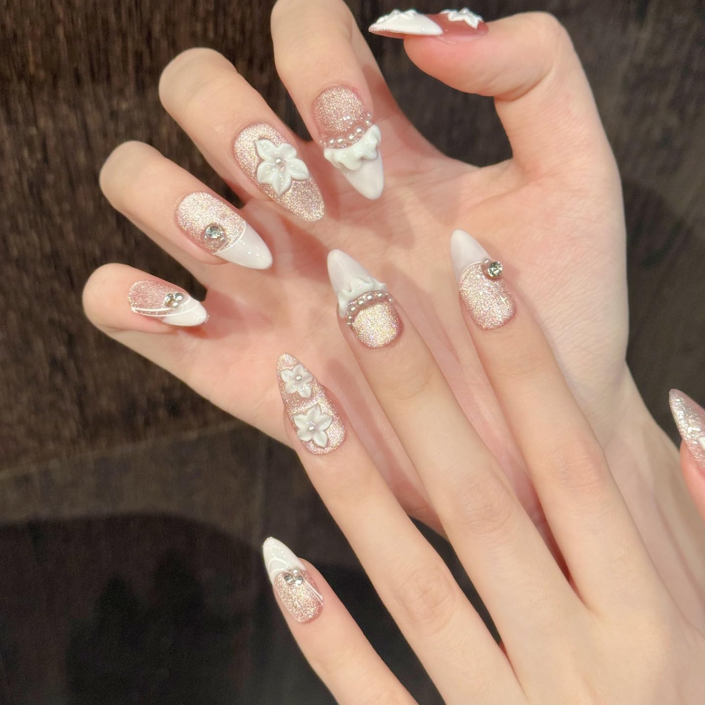 Handmade Press On Nails Medium Almond Cute Pink Cat-Eye Water Droplet Carving Reusable Wedding Prom And Festival Gift Handmade Acrylic Press On Nails Aacrylic Nail (M)