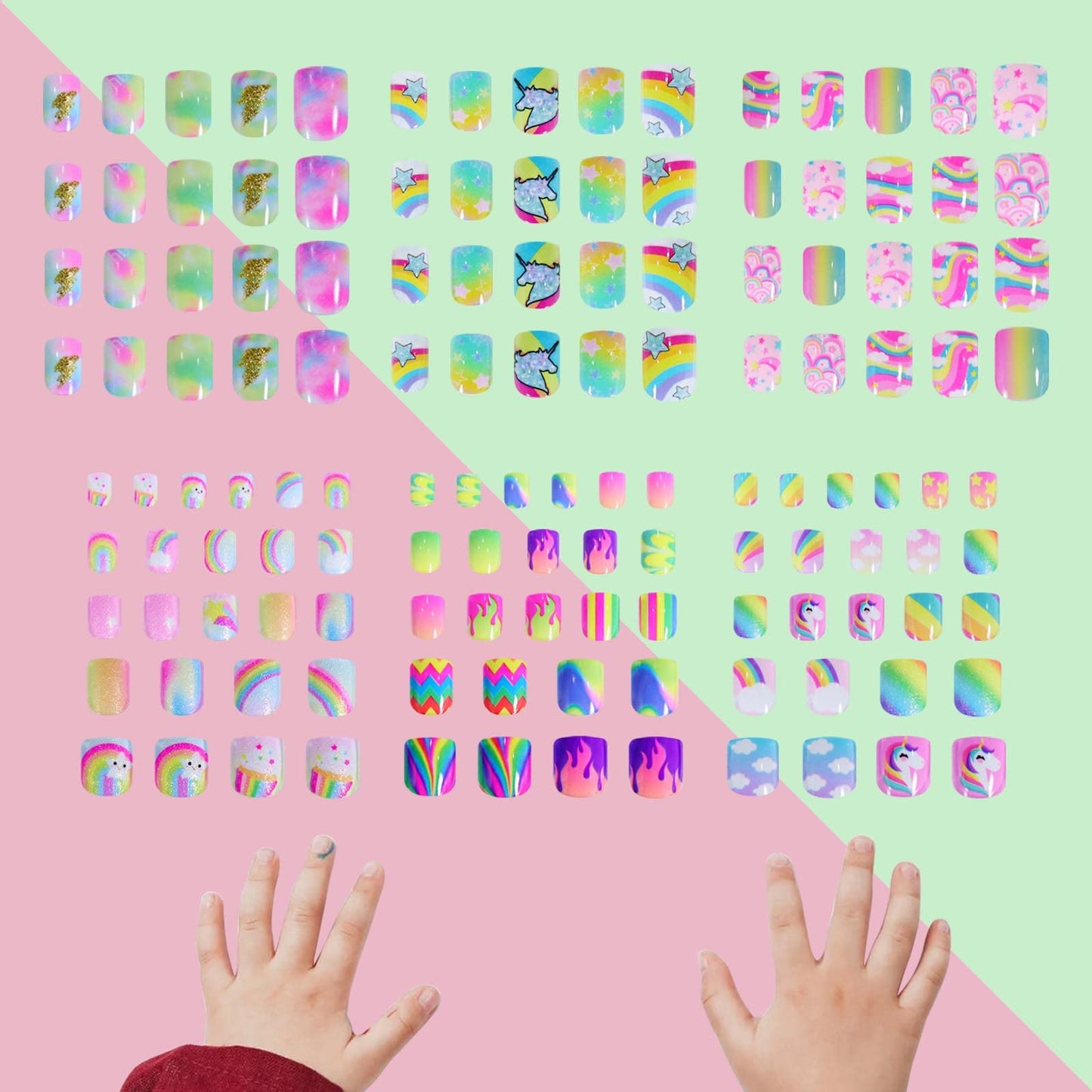 SIUSIO 132 Pcs 6Pack Kids Press on Nails Children Acrylic Fake Nails Cute Pre-glue Full Cover Glitter Gradient Color Rainbow Short Stick On False Nail Art Kits Set for Kids Little Girls - Spendid Pony