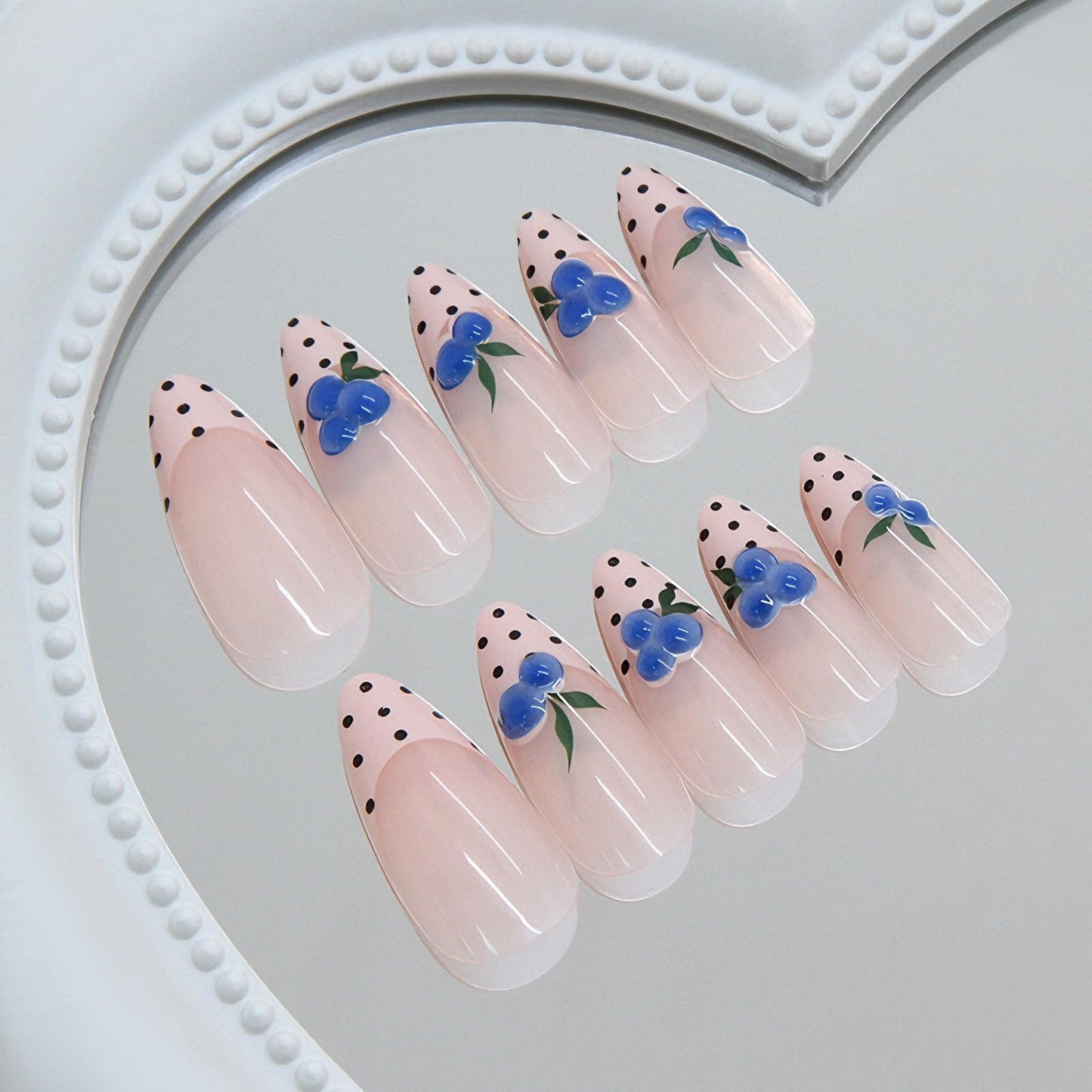 24Pcs Summer Pink Polka Dot Press on Nails Medium Almond, Cute Blueberry Designs French Tips, Glossy Full Cover Fake Nails, Reusable Glue on Nails with Acrylic Effect,Nude Nails Press ons for Women