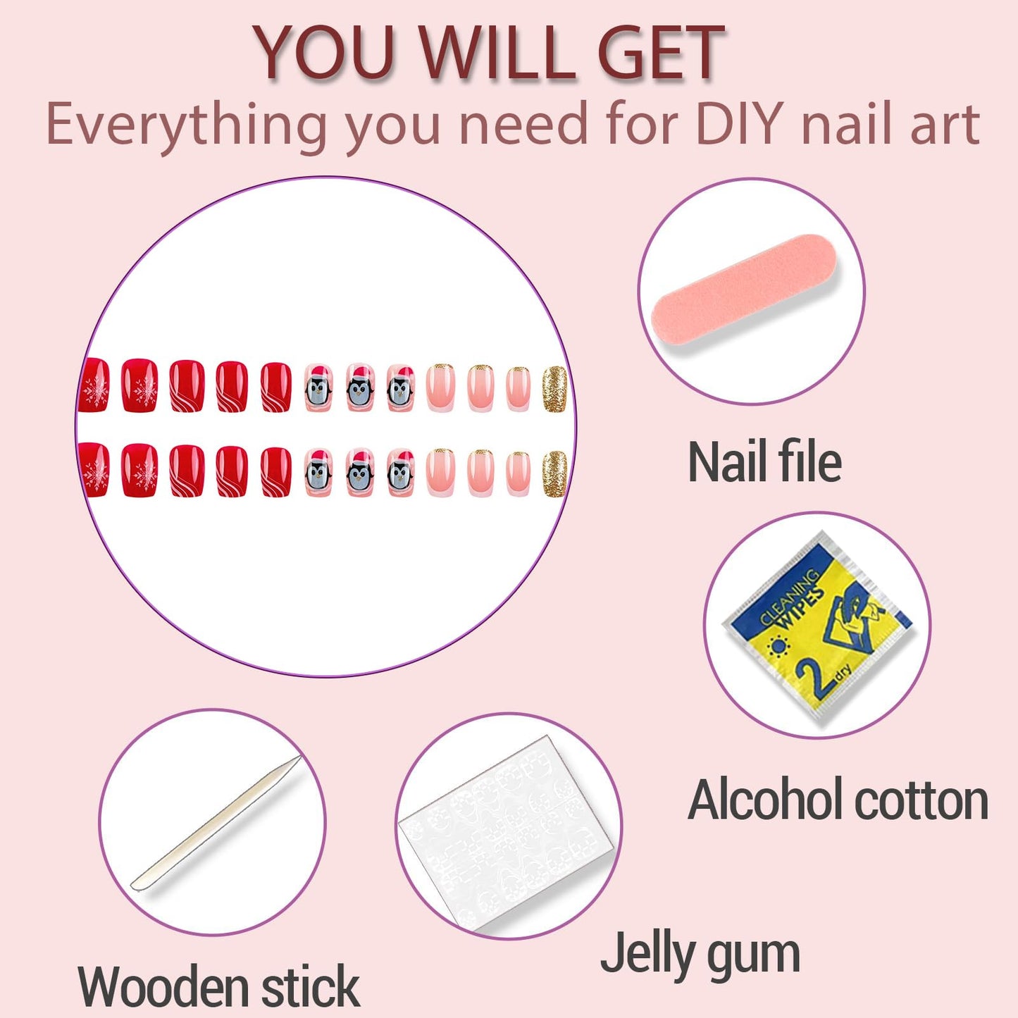 Christmas Press on Nails Short Winter Fake Nails Red Stripe Snowflake Penguin with Designs Candy Cane Glitter on Nails Acrylic Nails Press ons Artificial Nails for Women 24Pcs