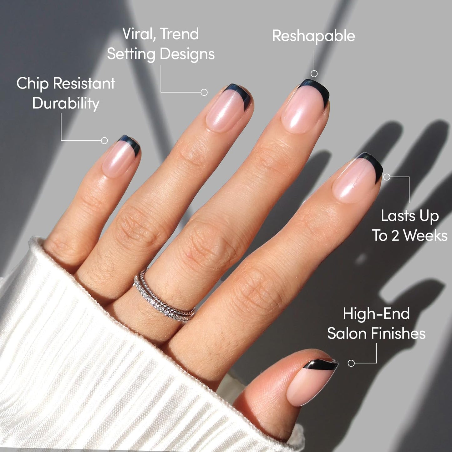 Glamnetic Press-On Nails Bundle - Burnt Miso, Squid Ink, Smoke Salt, Onyx Glaze & Balsamic Glaze | 5 Glazed Black French Tips in Super, Squoval, Short Oval, Short Round, & Medium Coffin |
