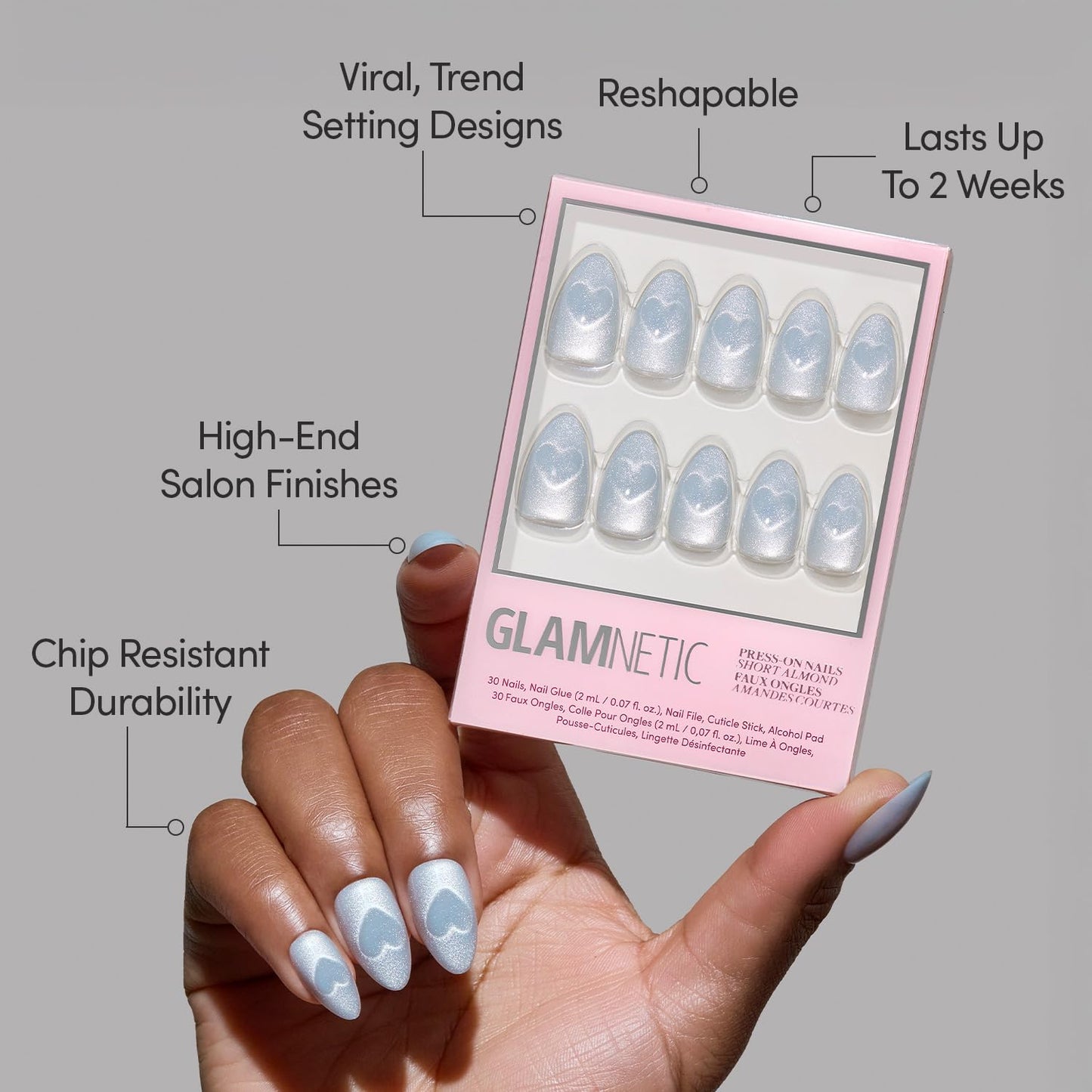 Glamnetic Press-On Nails Bundle - Sweater Weather & Cold Hearted | Short Almond Fake Nails with White Glitter French Tips & 3D Designs | Short Almond Fake Nails with Heart Accent and Pale Blue Velvet