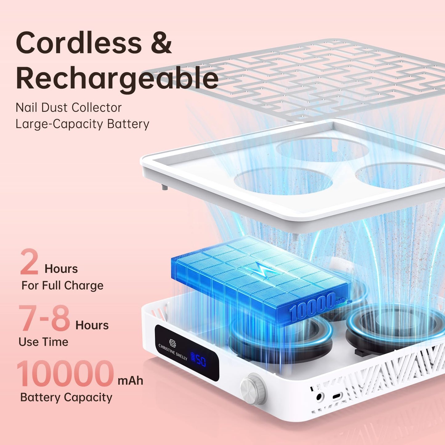 CHRISTINE SHELLY Cordless Nail Dust Collector, Professional Portable Dust Collector Nail Tech, Powerful 2400PA 19500RPM Nail Fan Vent Dust Collector Extractor with 50 Gears, Low Noise, Nail Salon