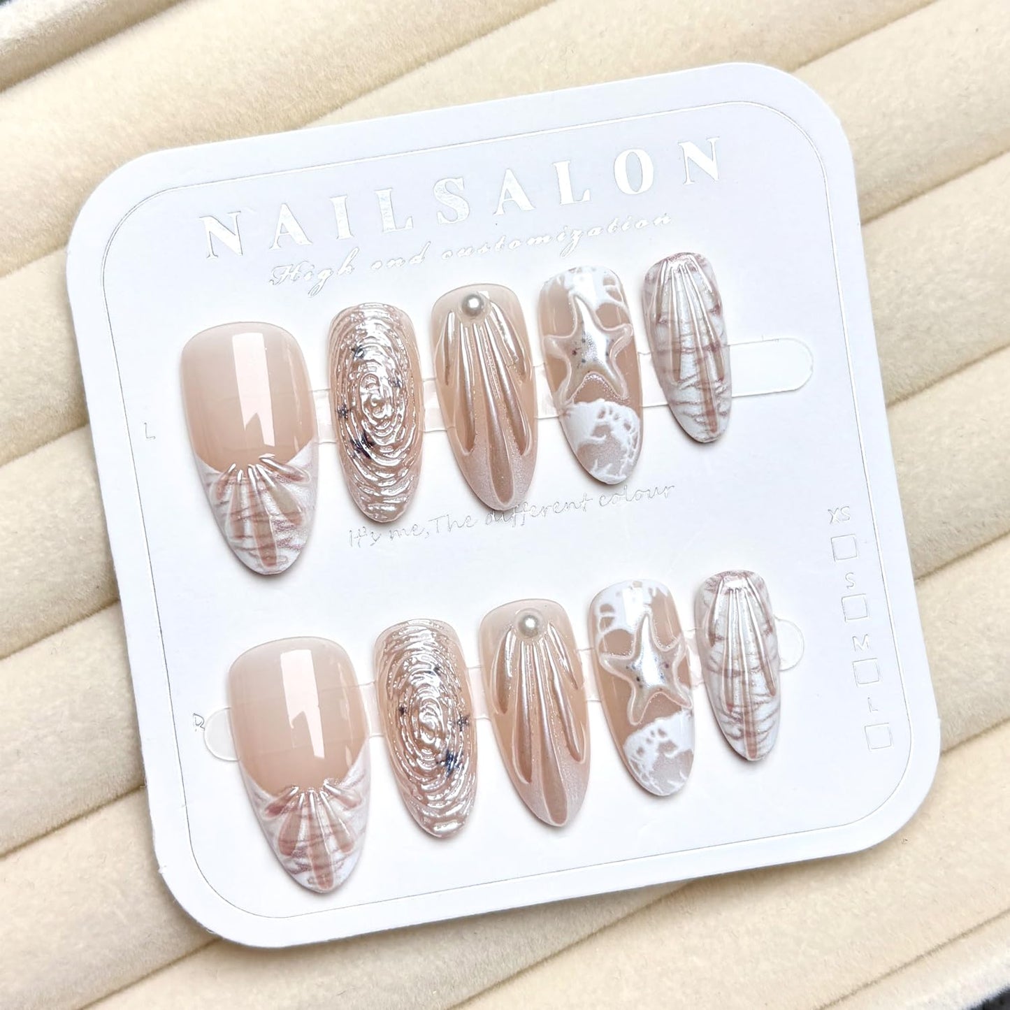 Summer Beach Press on Nails Kit Medium Almond Nail French Tip Fake Nails with 3D Pearl Seashell Design Stick on Nails Cute Starfish False Nail Ocean Acrylic Nails Water Ripples Nails for Women 30Pcs